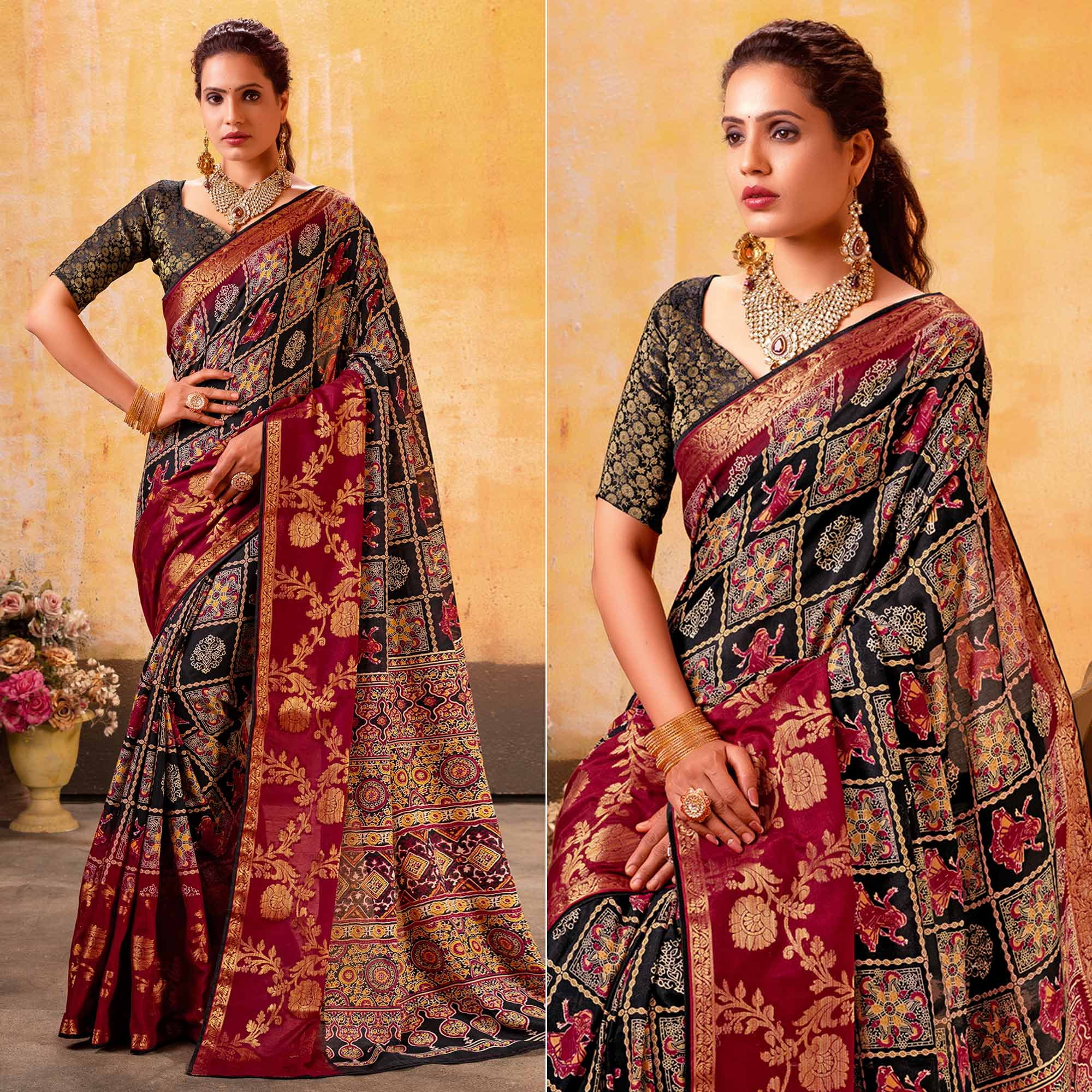 Peachmode Black Patola Printed Jacquard Saree