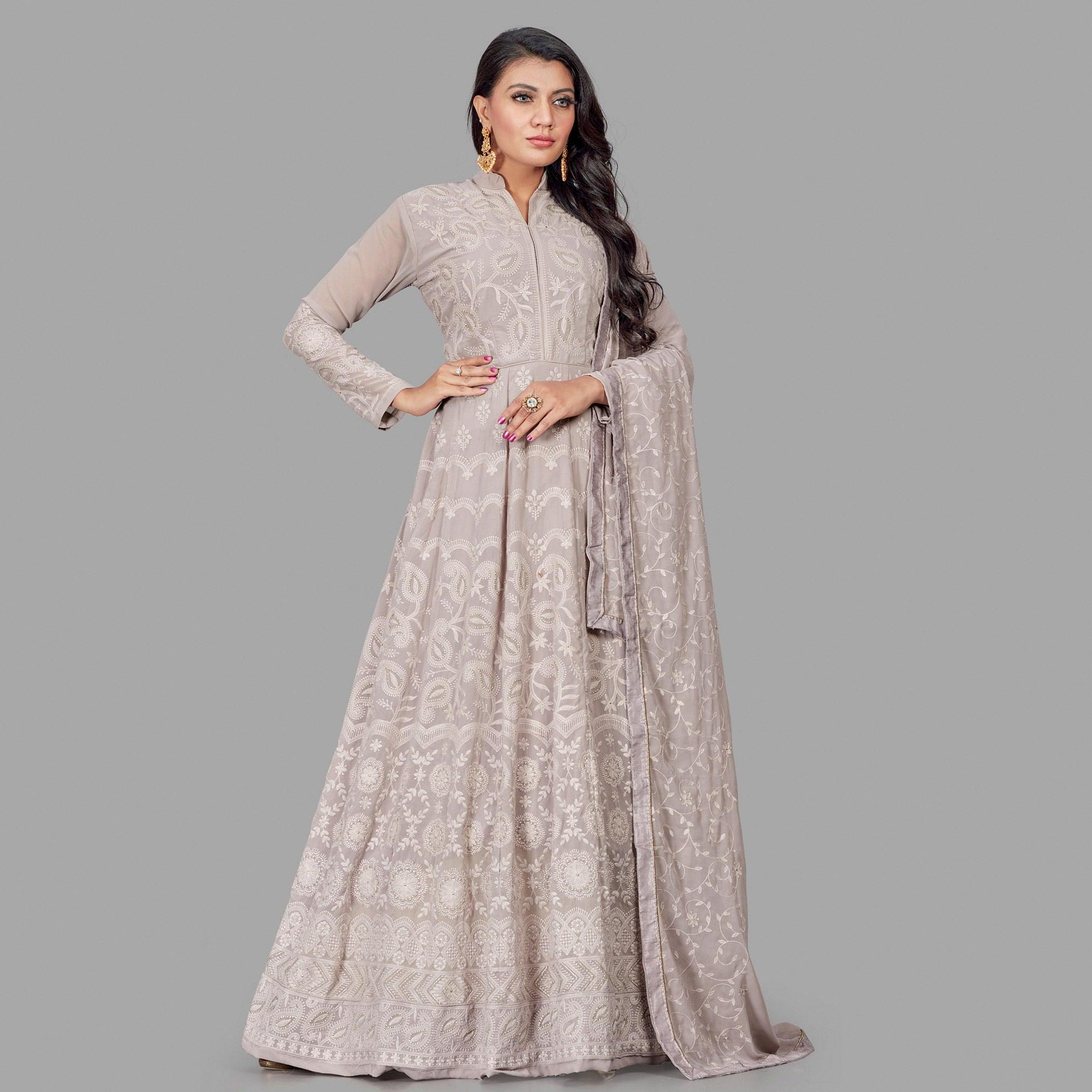Peachmode Jazzy Grey Colored Party Wear Embroidered Heavy Faux Georgette Anarkali Suit - view 6