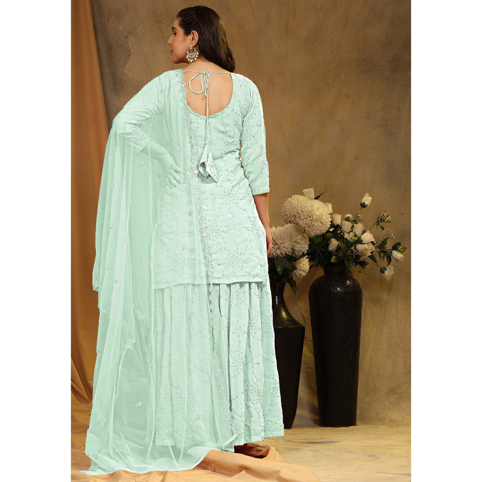 BlackTree green-embroidered-georgette-semi-stitched-sharara-suit-1 - view 6