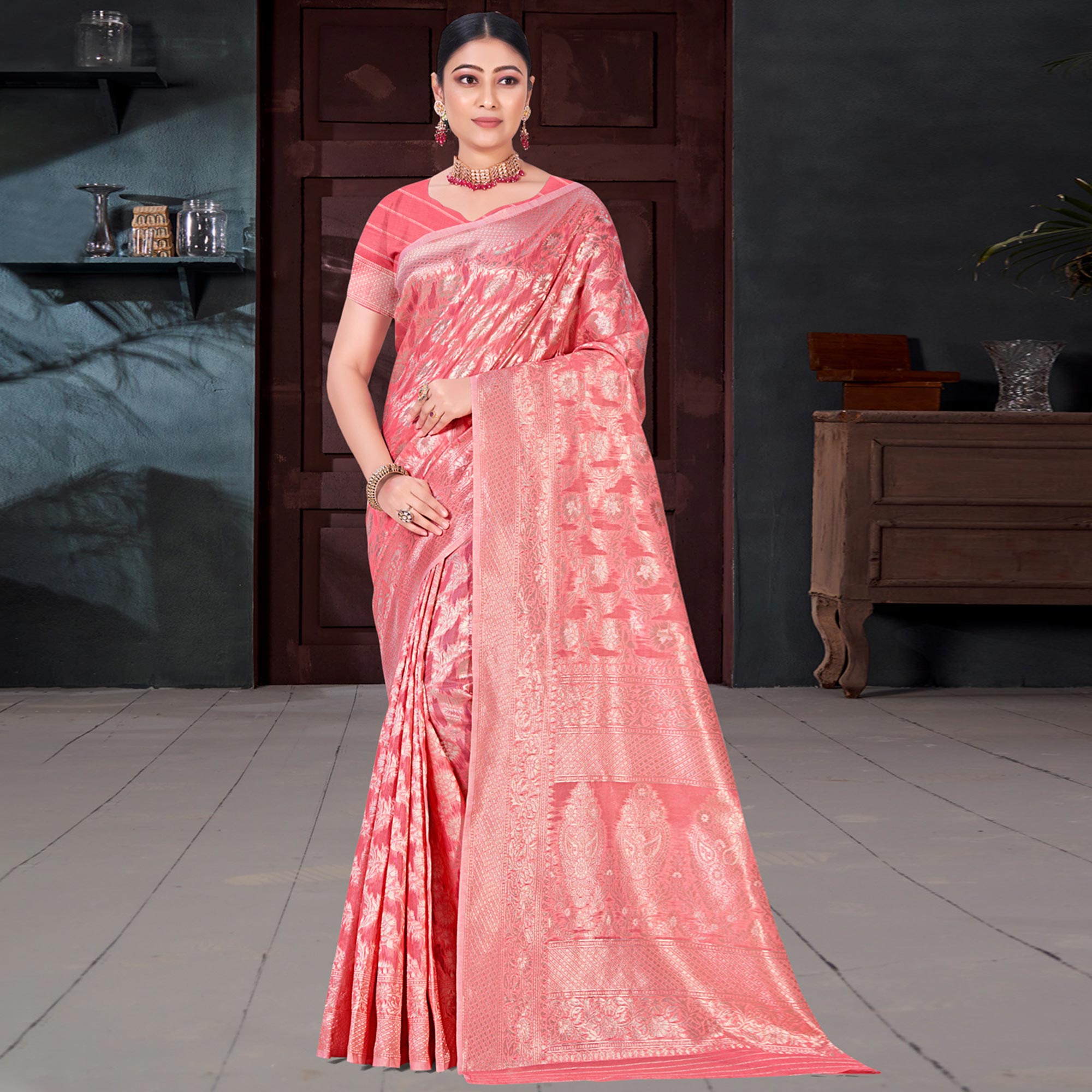 Peachmode Gajari Pink Floral Woven Cotton Blend Saree - view 2