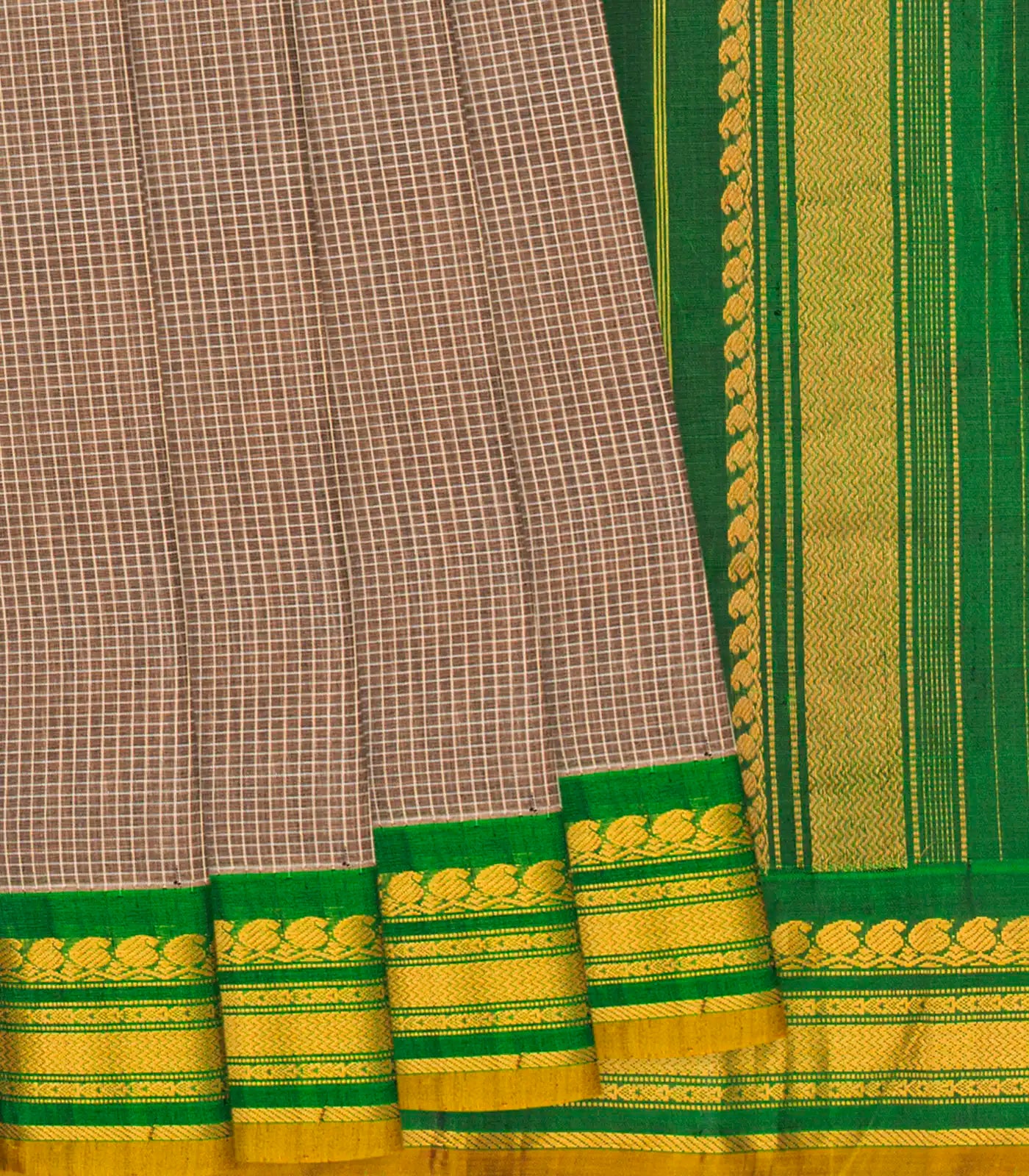 RmKV Beige Handloom Gadwal Cotton Saree With Checks & Contrast Border-Beige