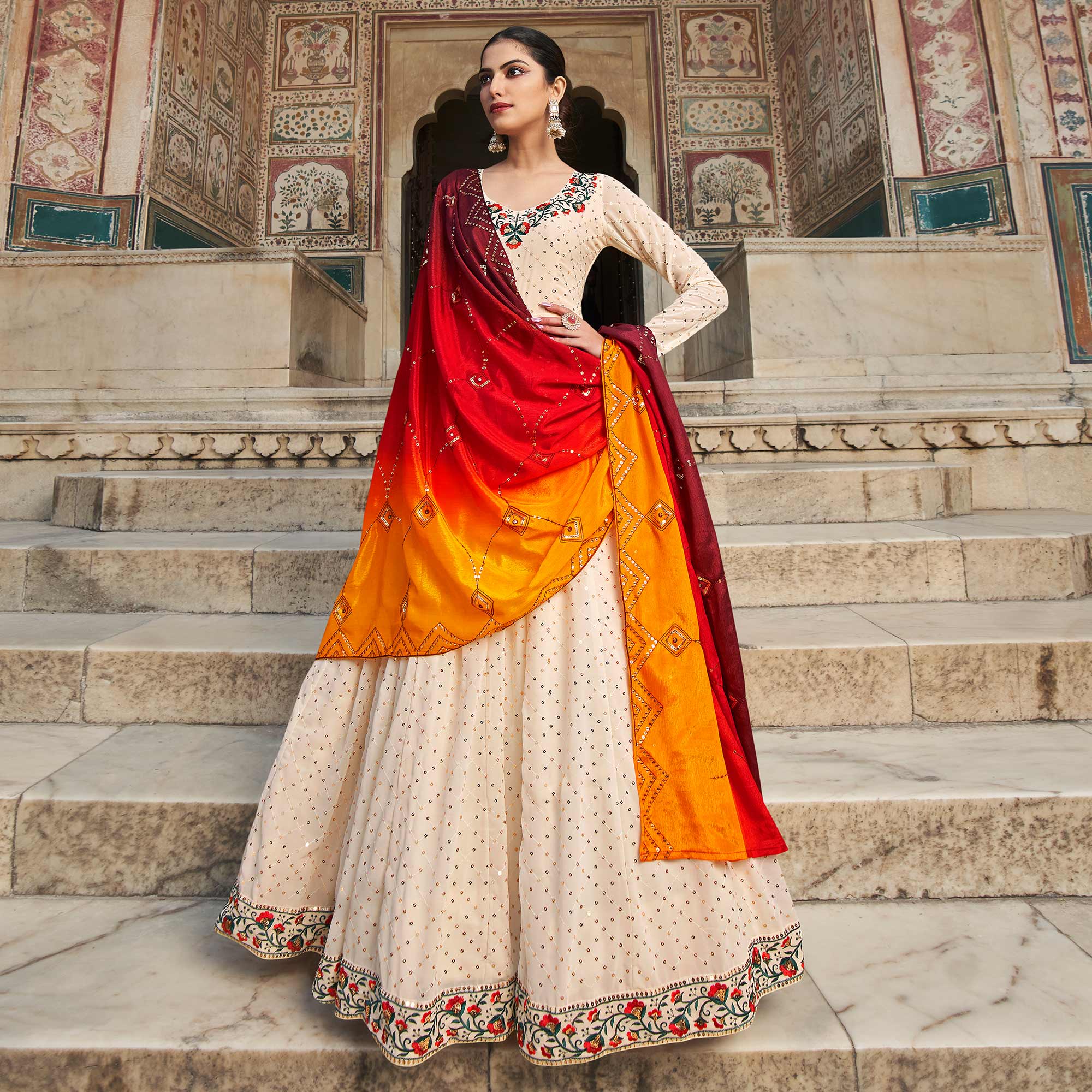 Peachmode Seller Cream Sequins Embroidered Georgette Gown With Dupatta - view 2