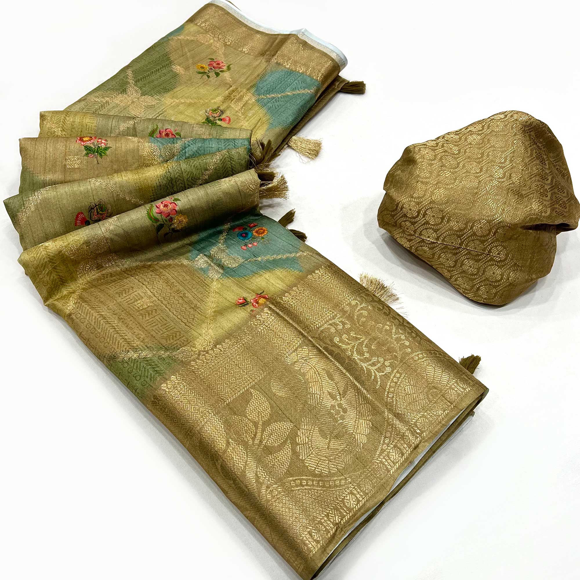 Peachmode Chikoo Woven With Floral Digital Printed Raw Silk Saree