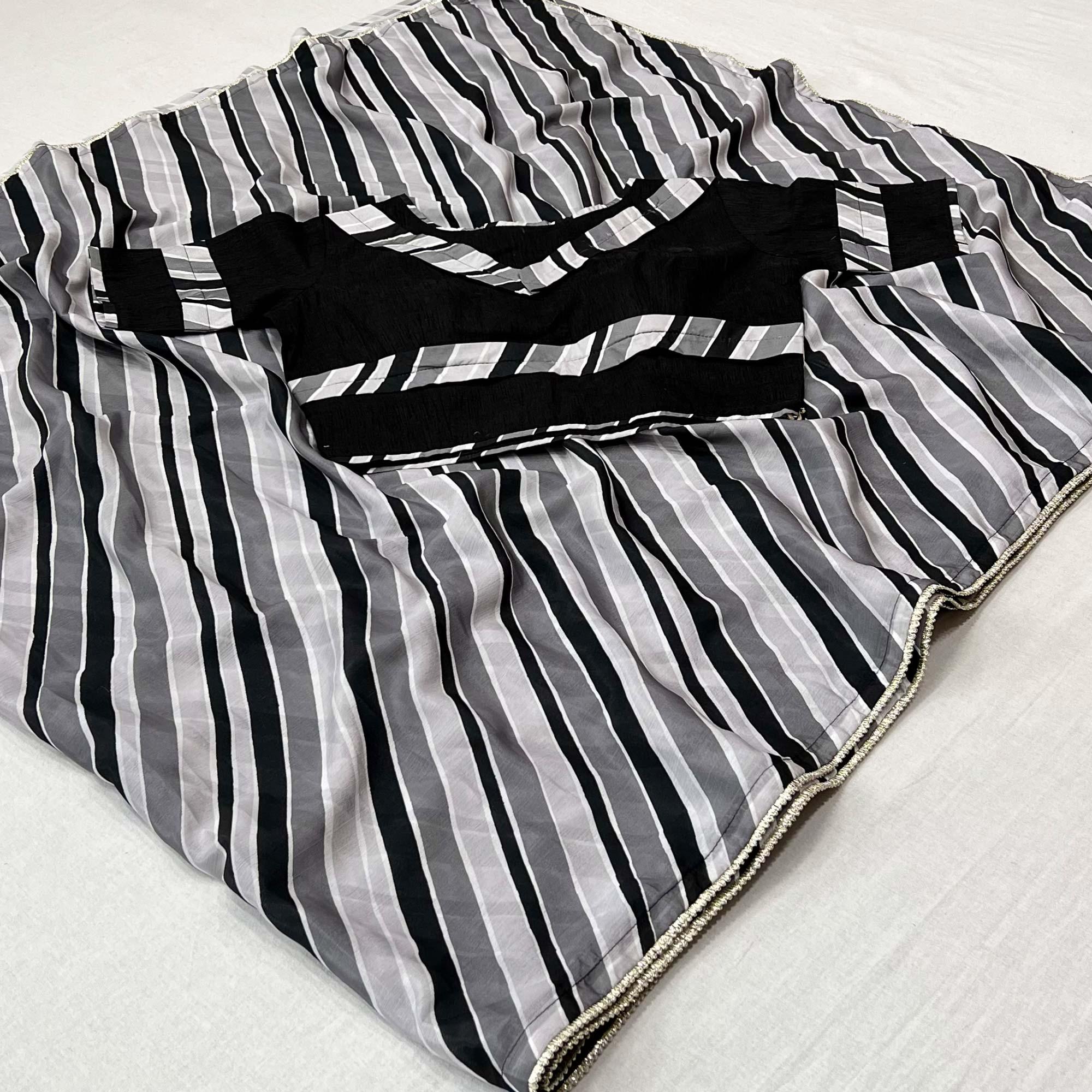 Peachmode Grey-Black Printed Chiffon Saree – Women's