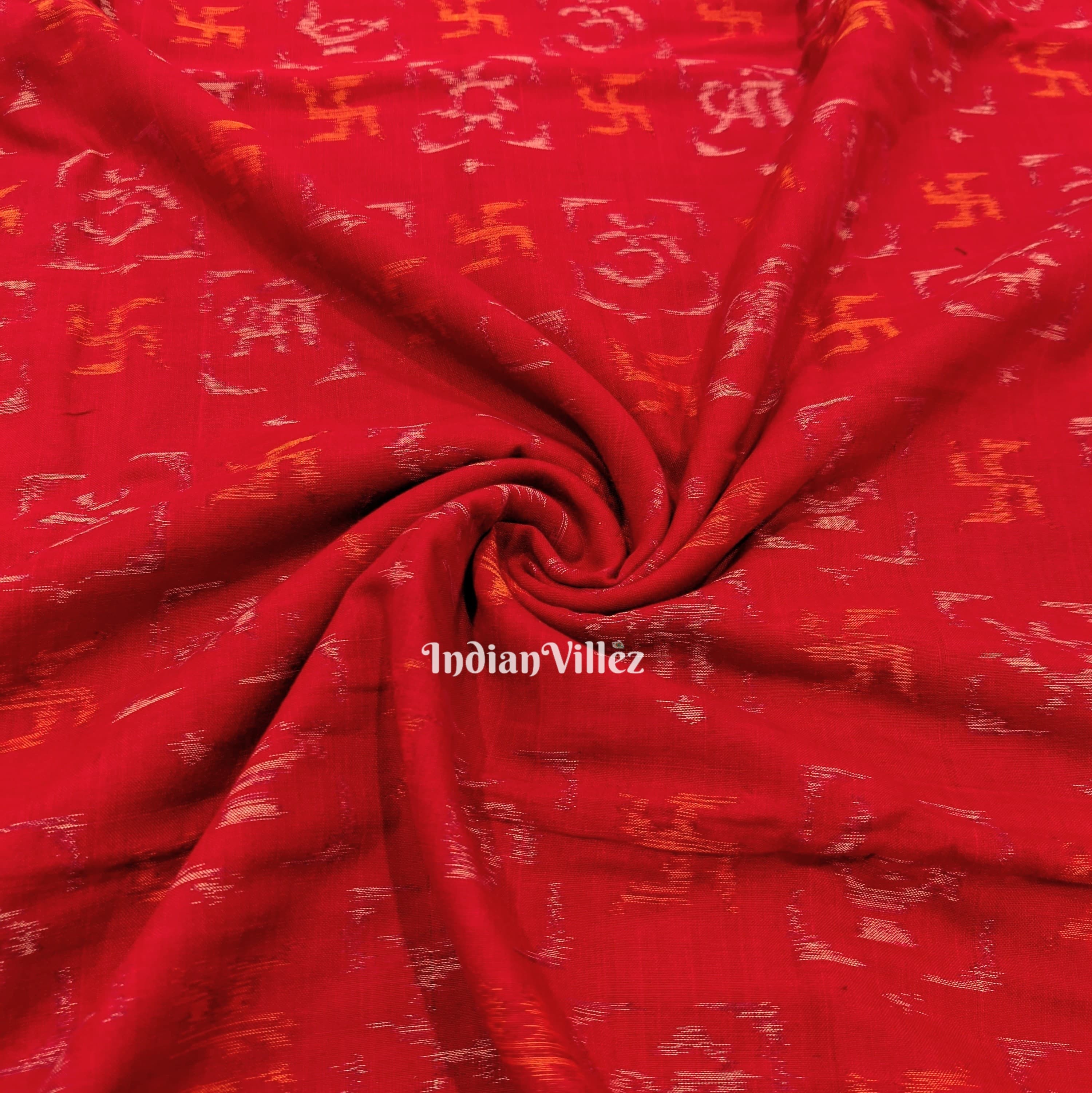 IndianVillèz Red Swastika Odisha Ikat Sambalpuri Cotton Fabric
