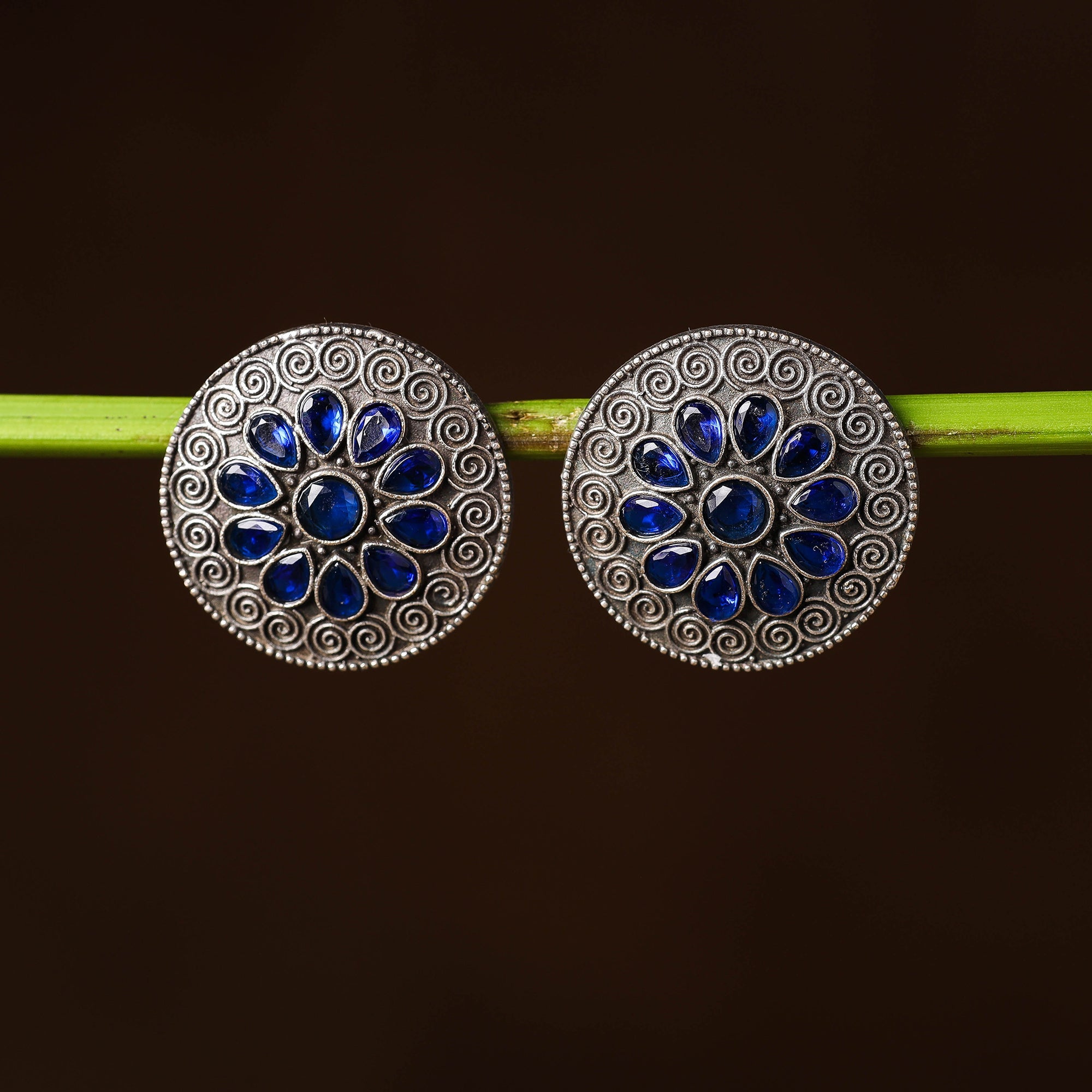 WHITE RIVER STORIES Antique Silver Finish Oxidised Brass Base Stone Work Stud Earrings