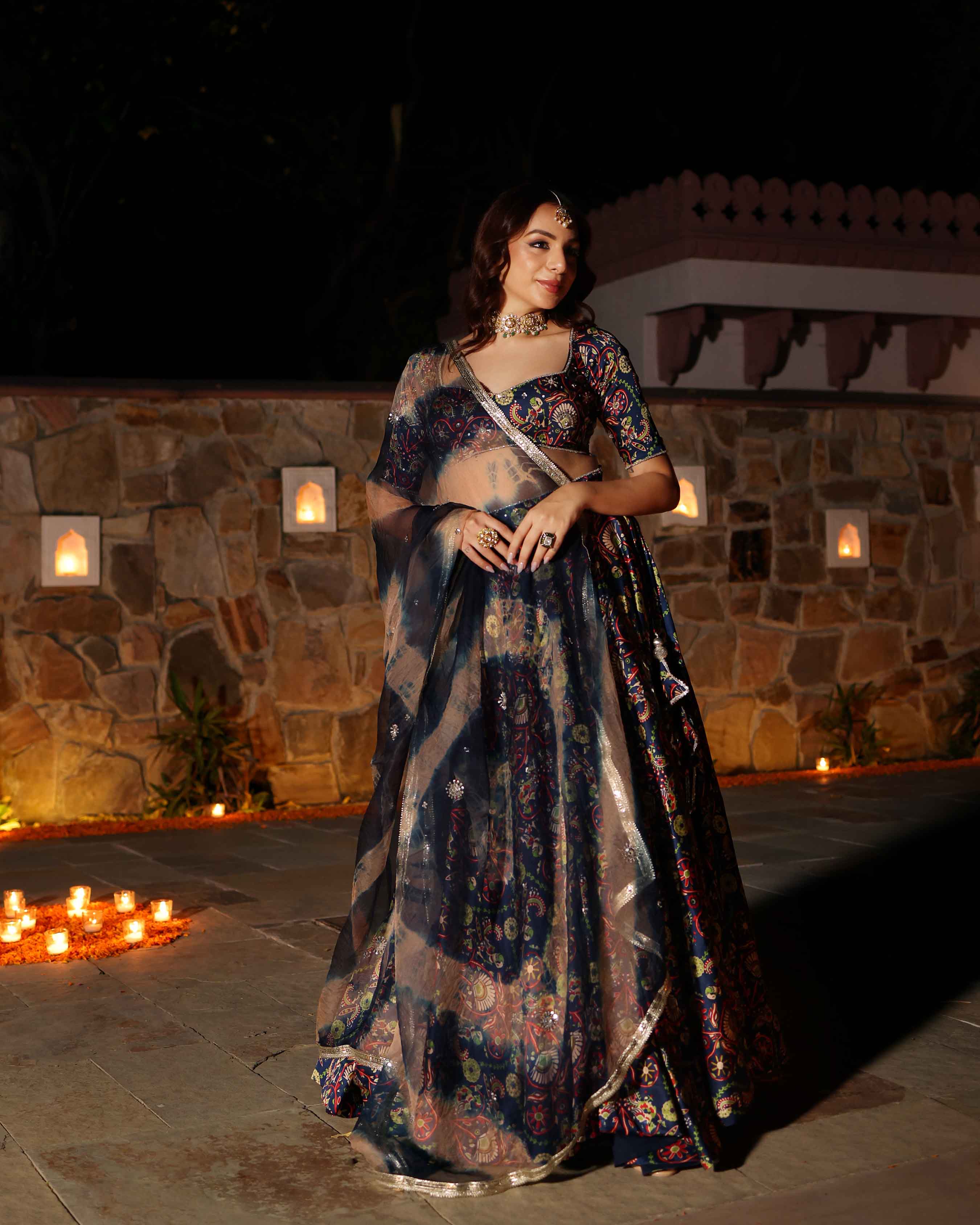 Aachho Laaya Blue Printed Hand Embroidered Satin Lehenga Set - view 4