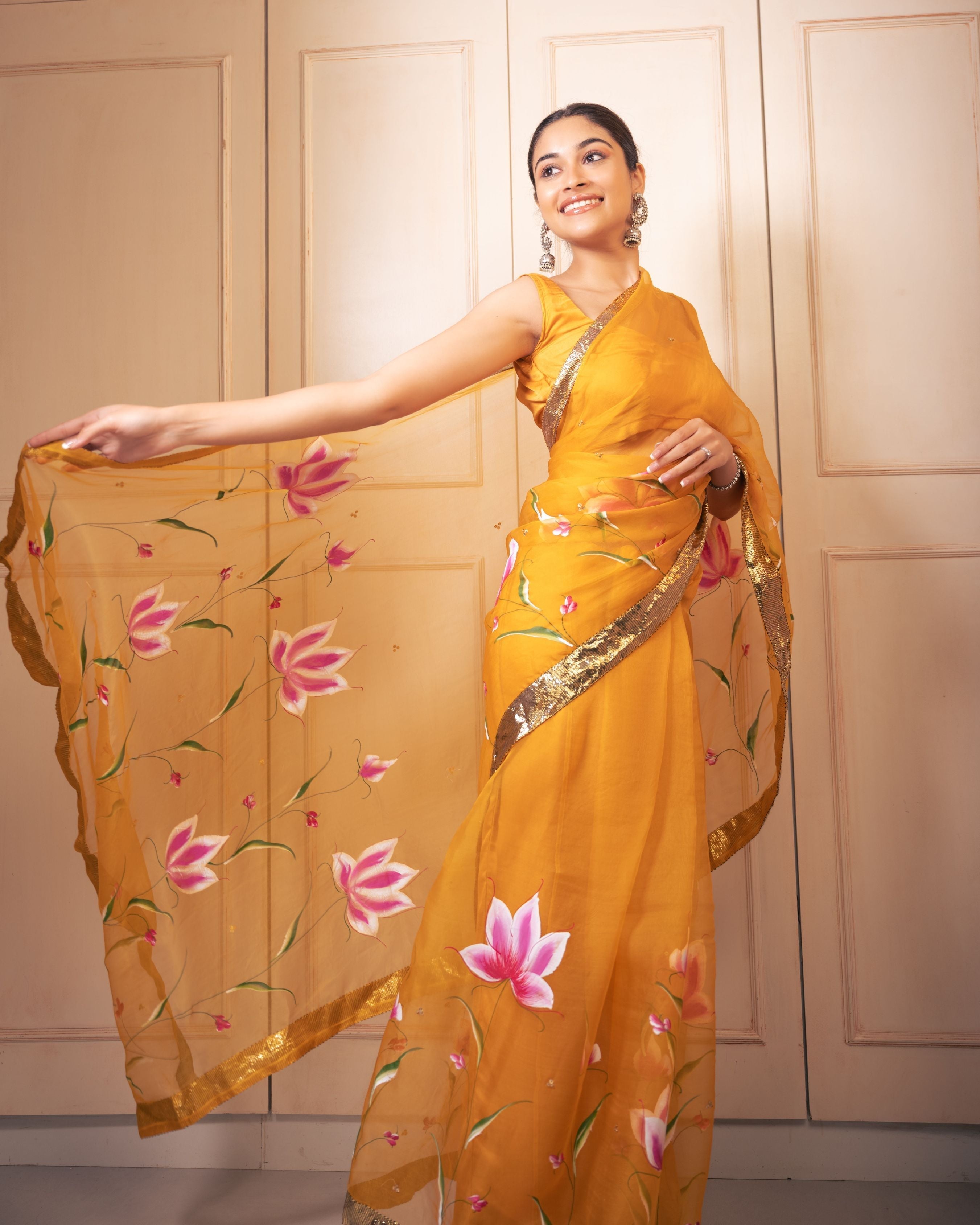 Aachho Surya Handpainted Gota Pure Organza Saree