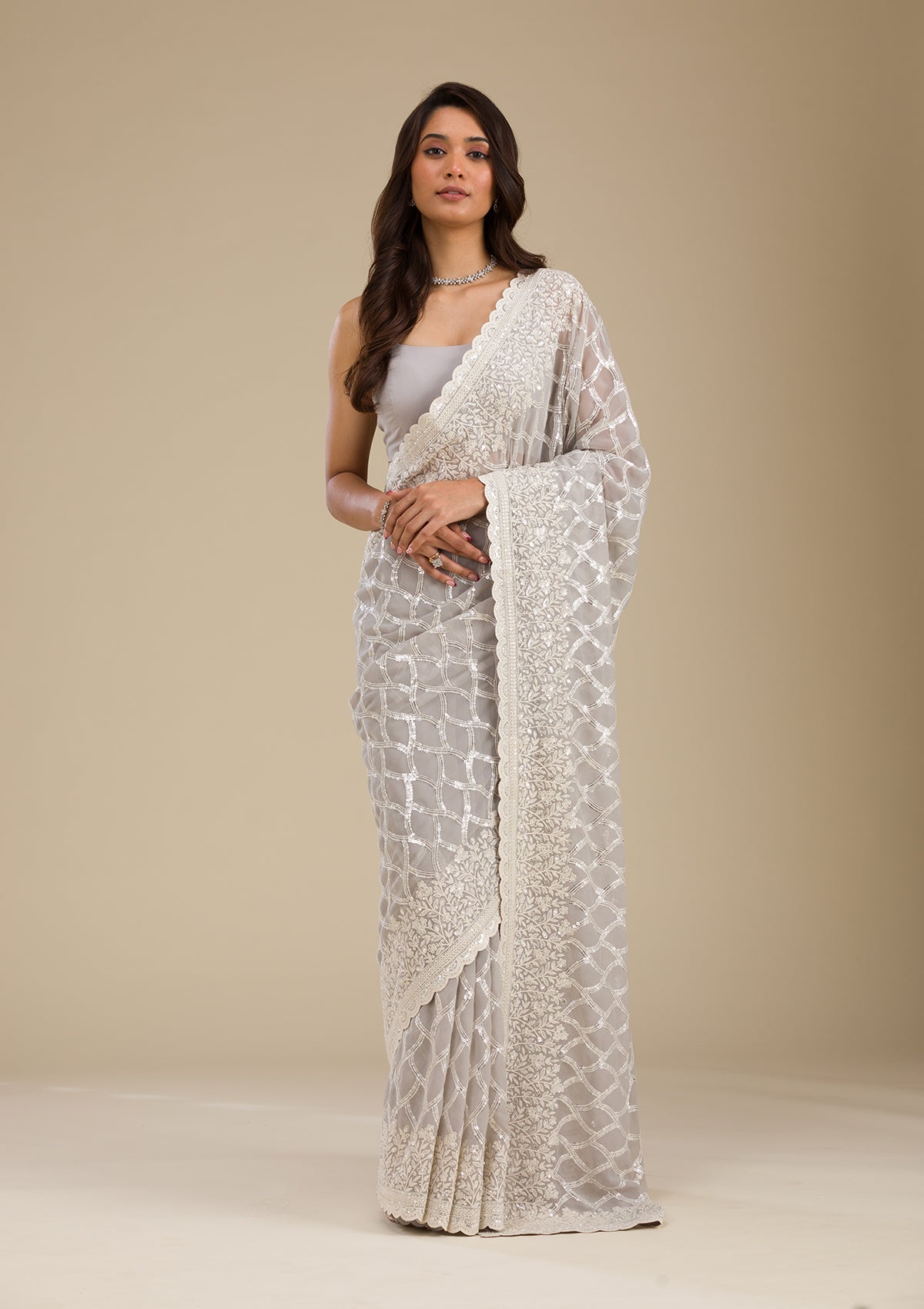 Koskii Grey Sequins Georgette Saree – Women's