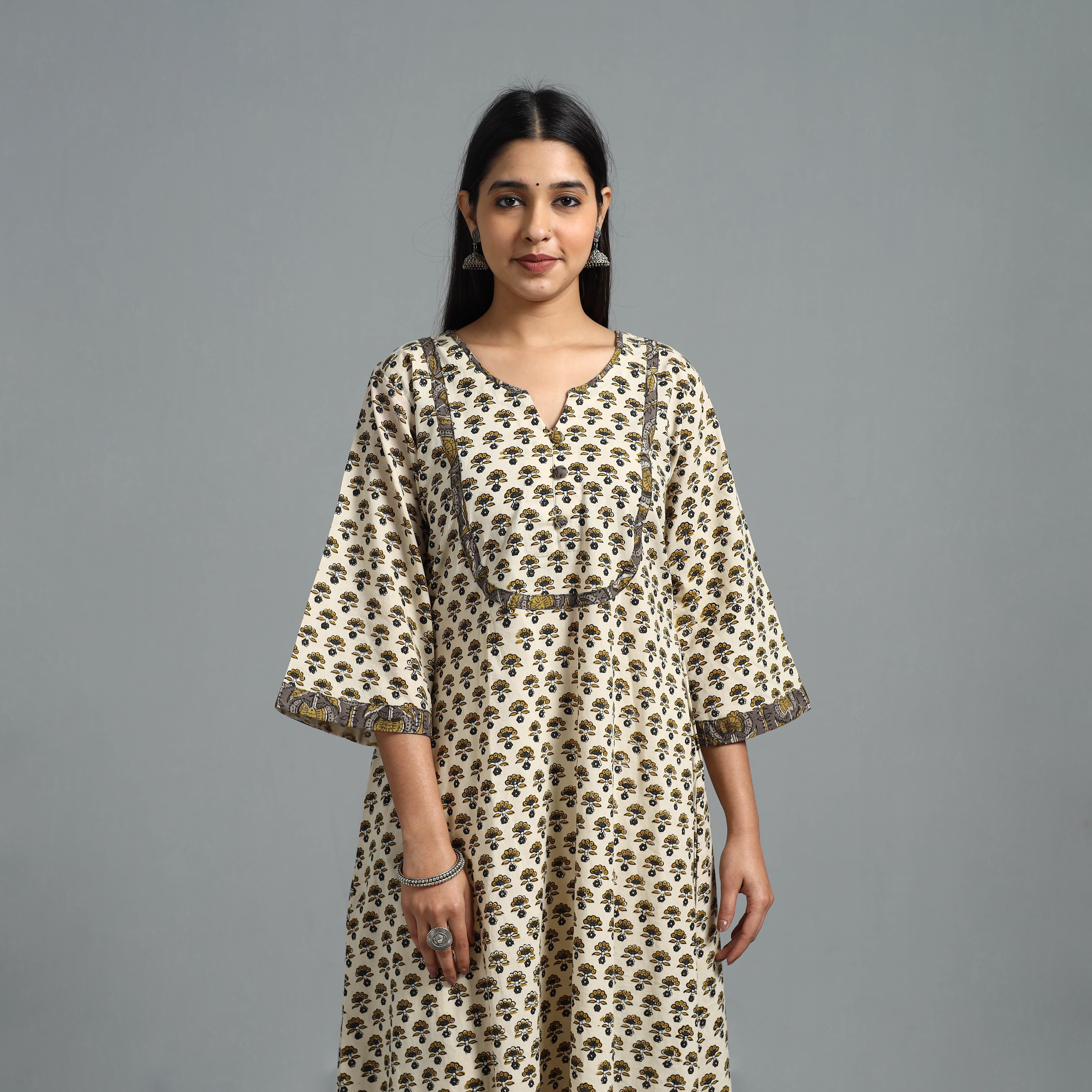 ITOKRI CASUALS Beige - Block Printed Cotton A-Line Bagru Kurta 13