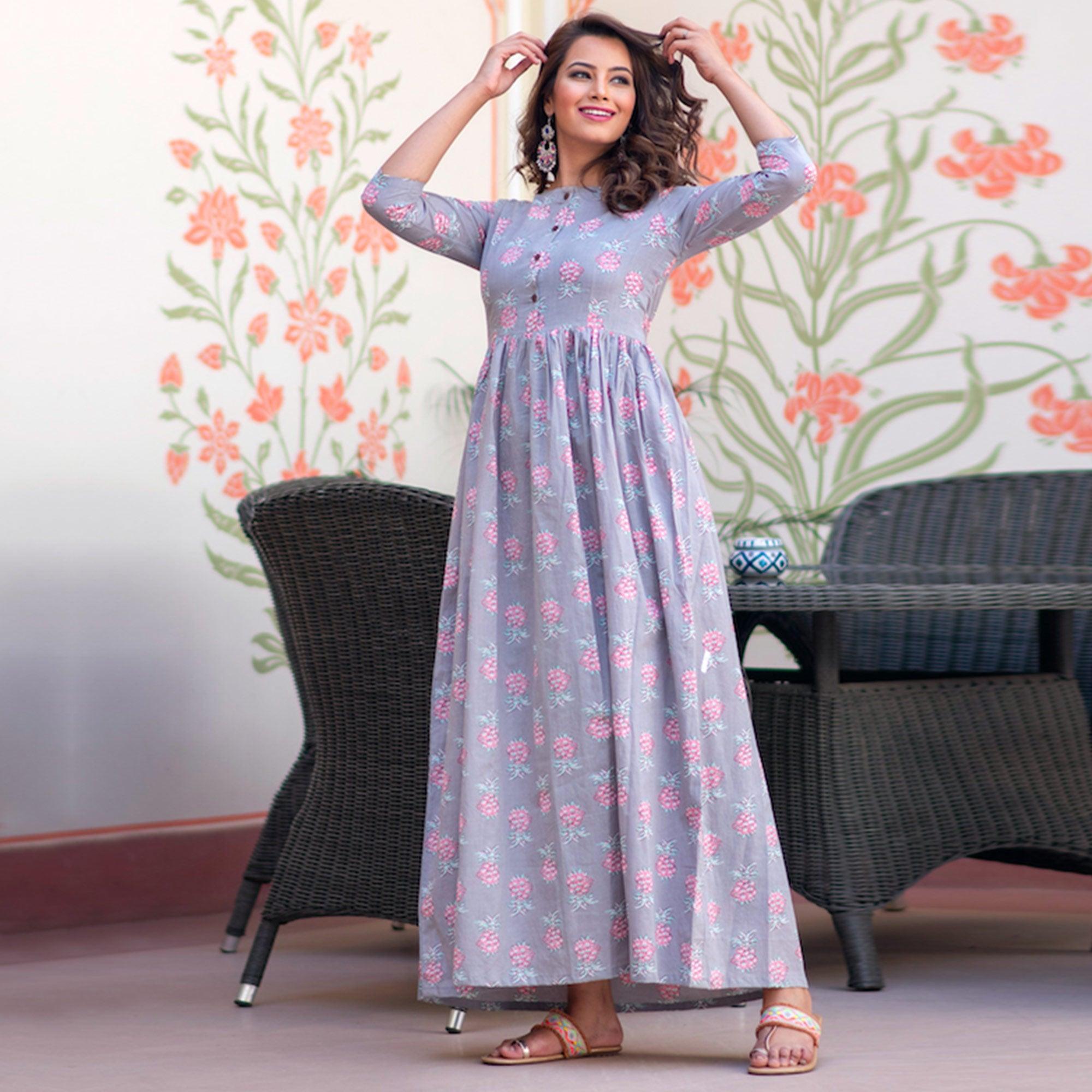 Peachmode Seller Demanding Lavender Colored Partywear Printed Muslin Blend Long Kurti