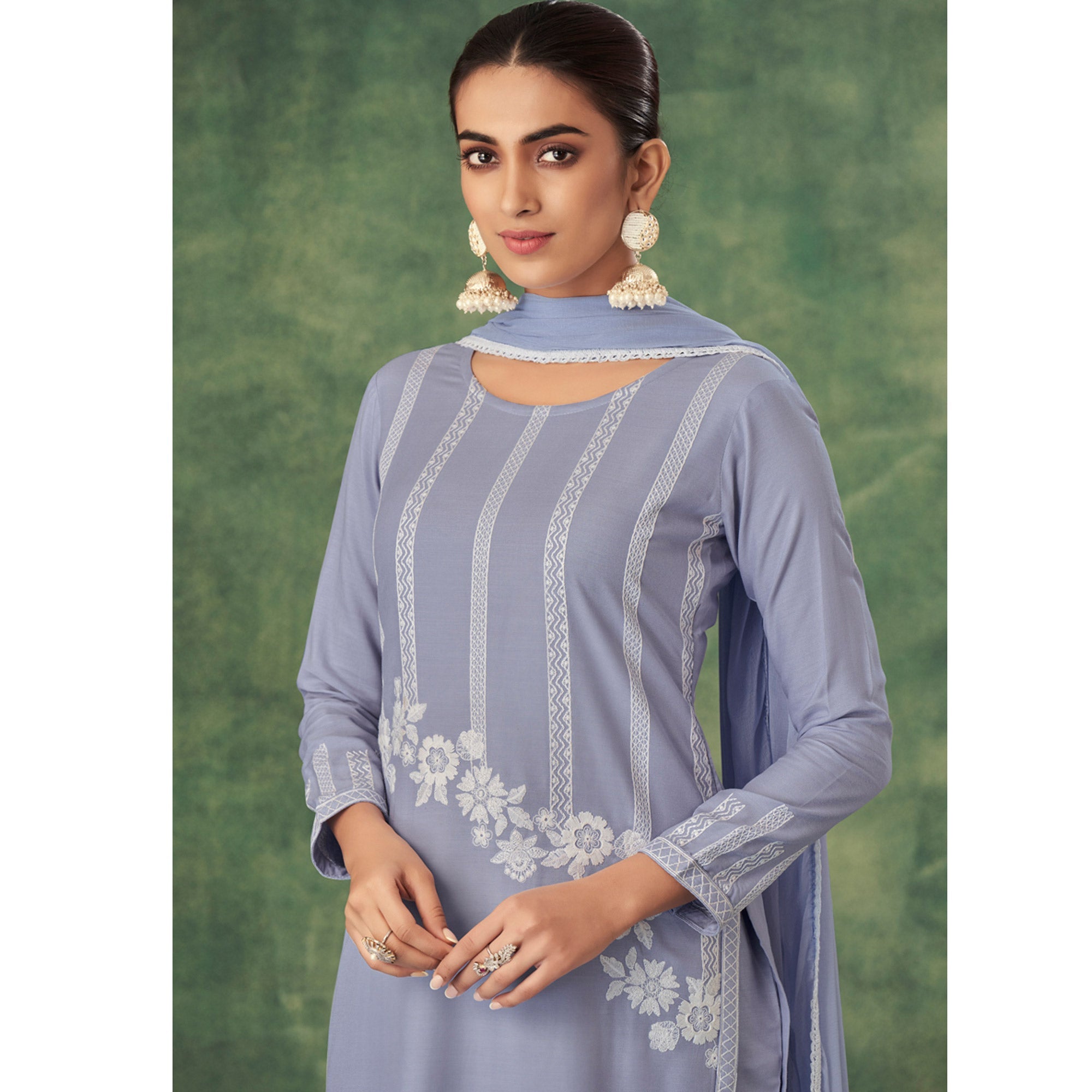 Peachmode Light Purple Floral Lucknowi Rayon Palazzo Suit - view 4
