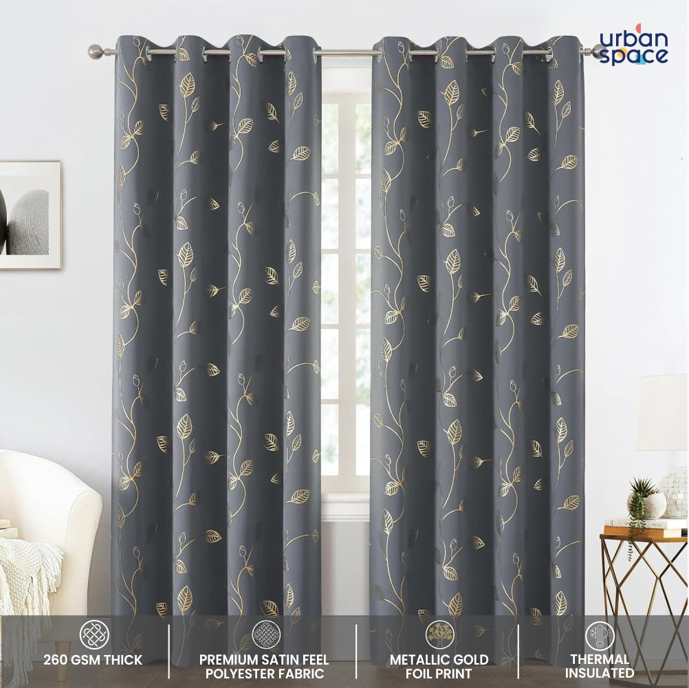 Urban Space -Home Furnishing Store Gold Foil Printed 80-85% Blackout Curtains - Pack of 1 - Leaf- Grey - view 4