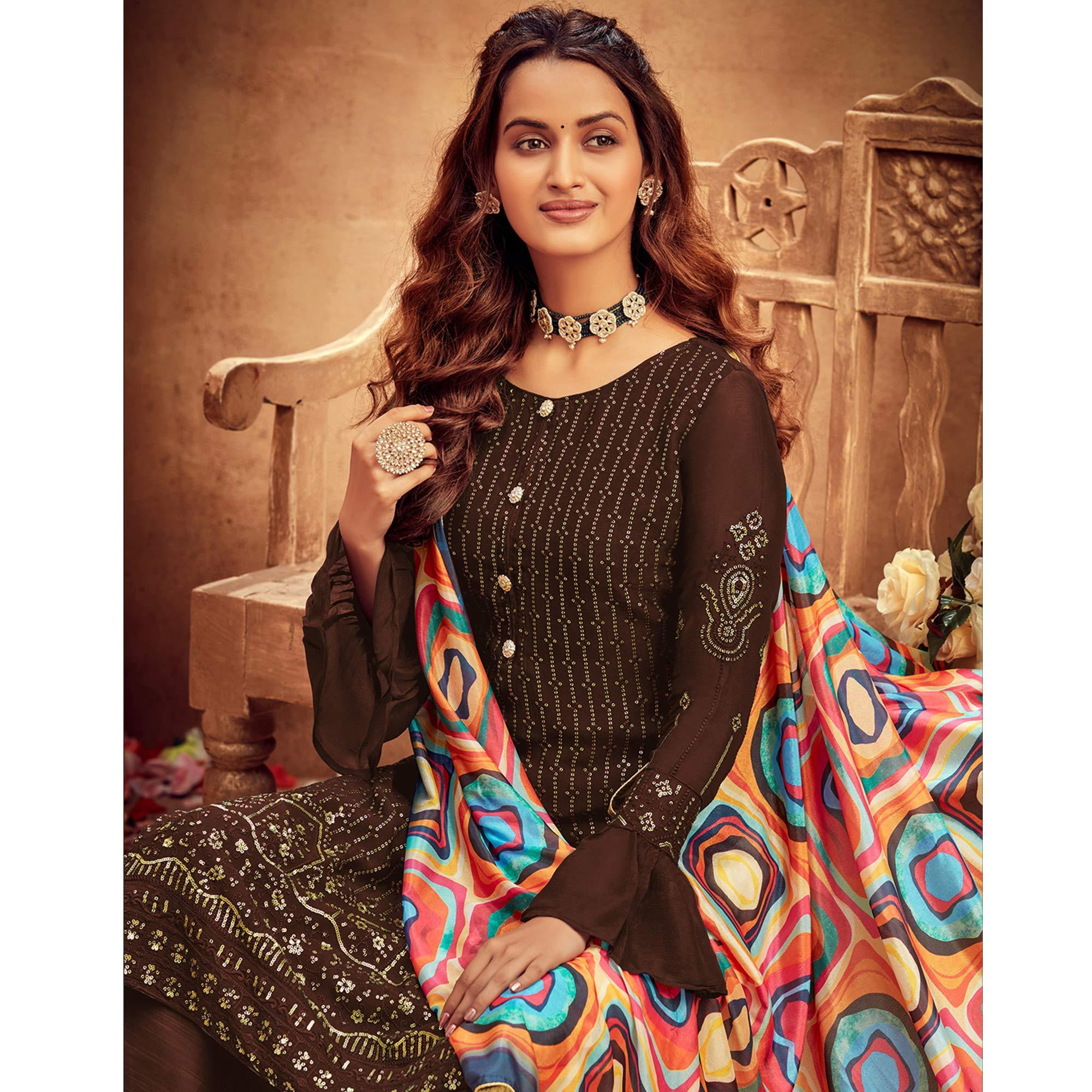Peachmode Elegant Bronze Coloured Partywear Designer Embroidered Sequins Heavy Faux Georgette Palazzo Suit - view 3