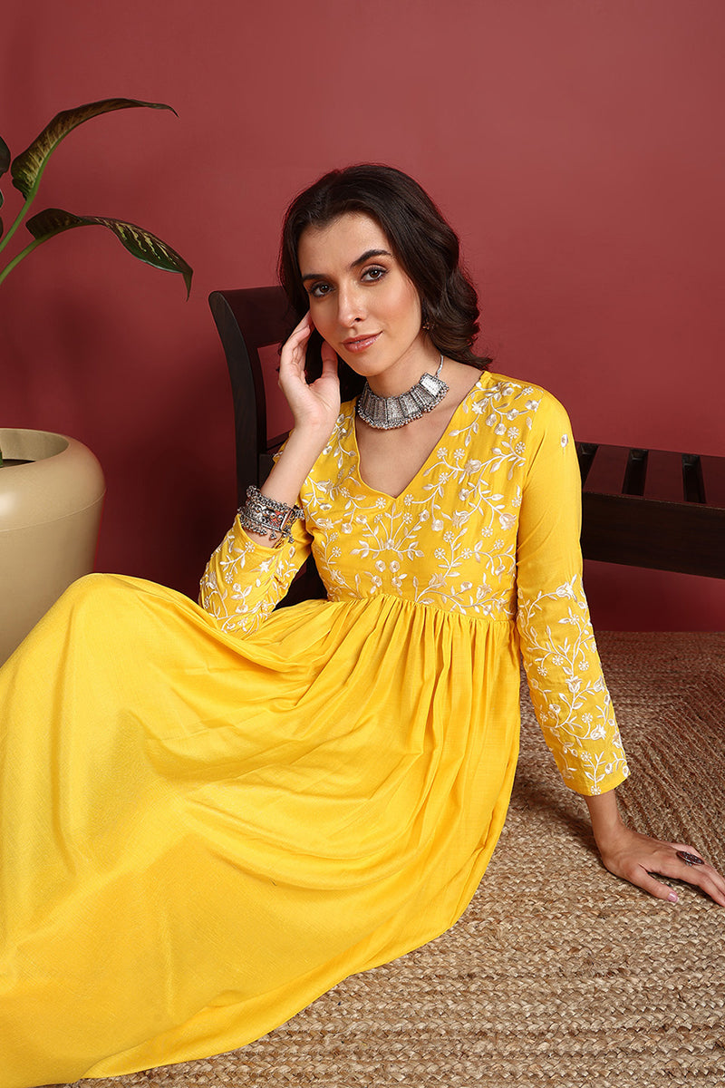 Ahika Yellow Cotton Blend Solid Embroidered A-Line Suit Set PKSKD2379 - view 5