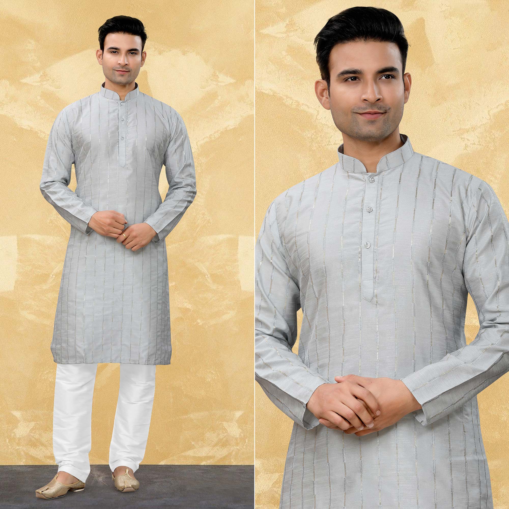 Peachmode Seller Grey Sequins Embroidered Art Silk Kurta Pyjama Set