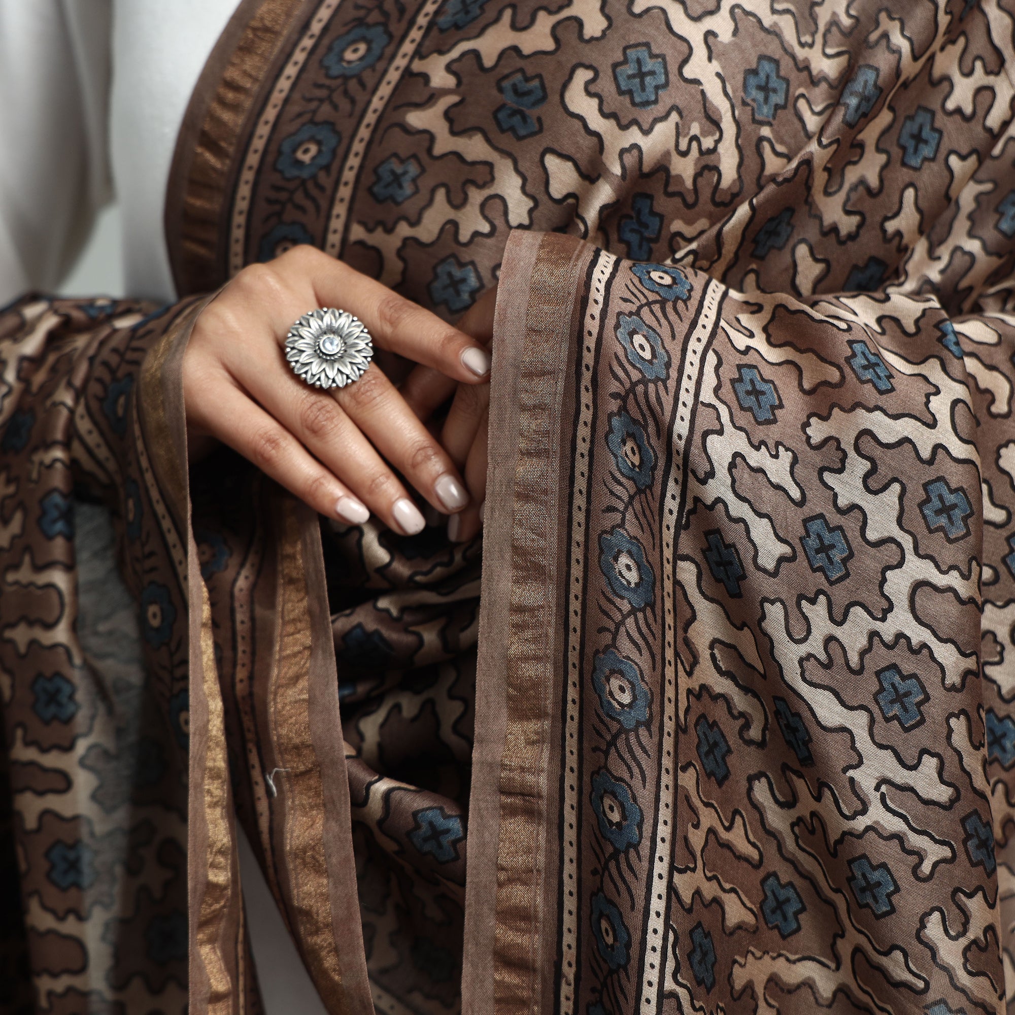 RIYAZ ABDULMAJID KHATRI - AJRAKH Brown - Hand Block Print Chanderi Silk Ajrakh Dupatta - view 4