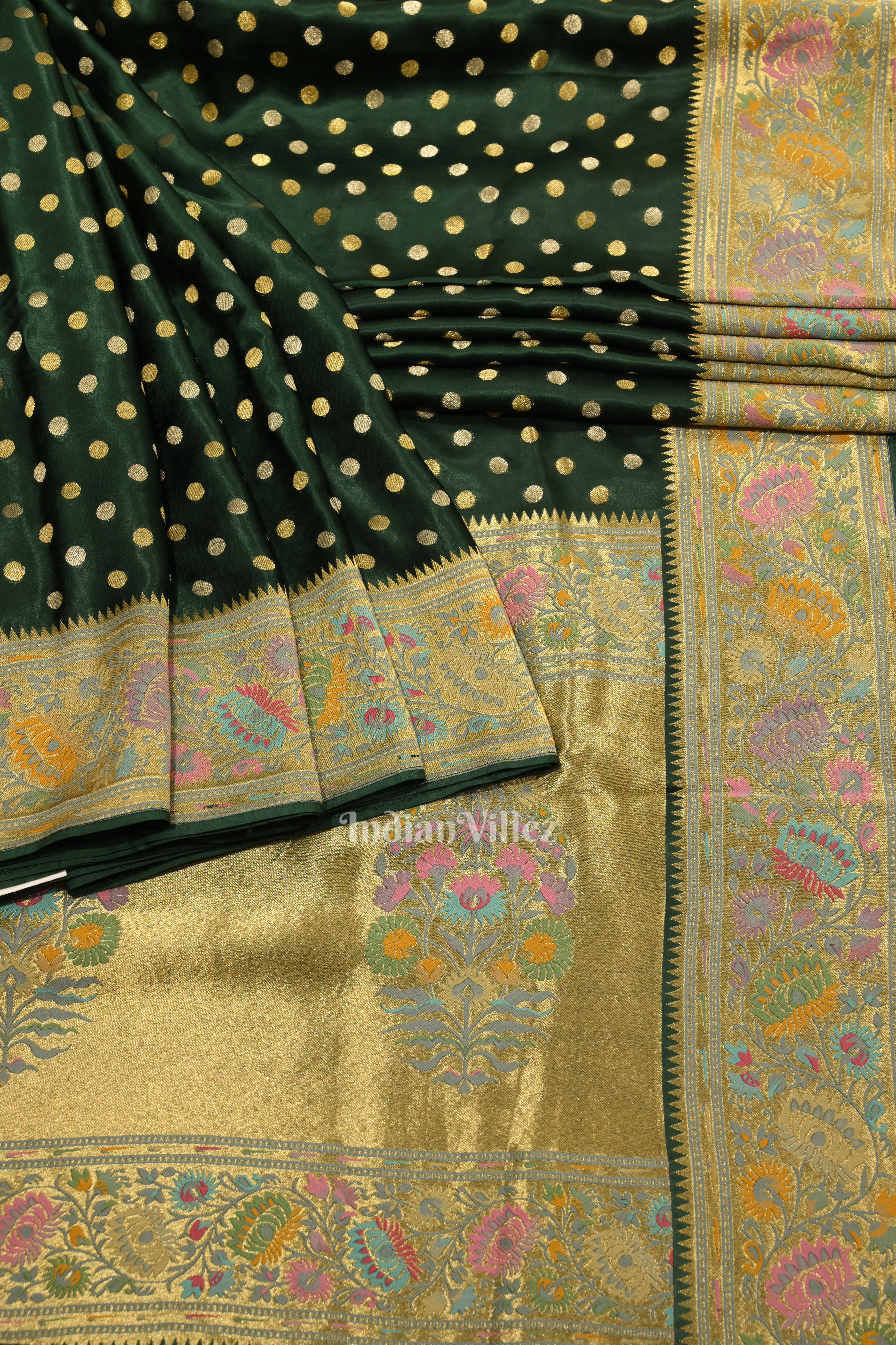 IndianVillèz Green Banarasi Silk Saree With Paithani Border and Pallu