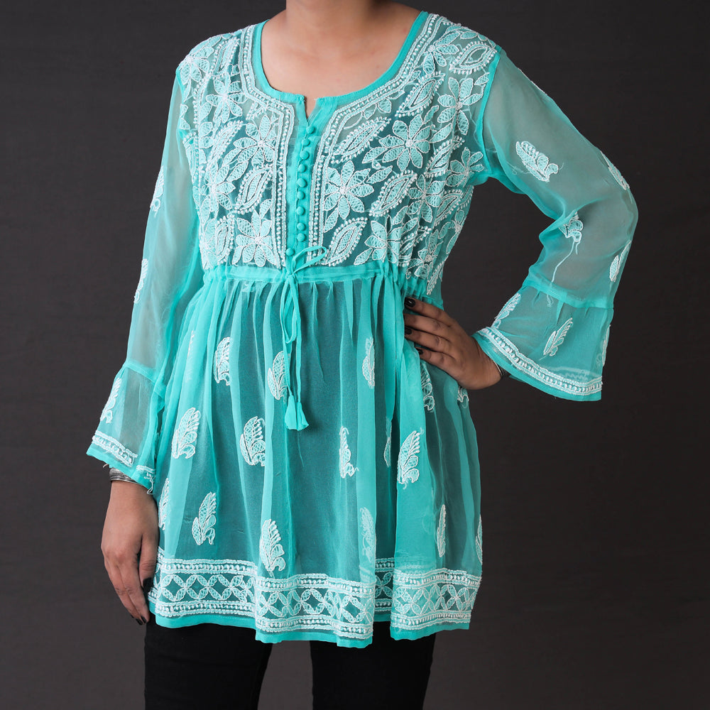 ITOKRI CRAFTS INITIATIVE Blue - Chikankari Hand Embroidered Georgette Short Flared Kurta / Top