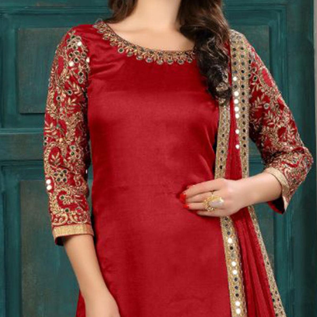 Peachmode Desiring Red Colored Partywear Embroidered Art Silk Salwar Suit - view 2