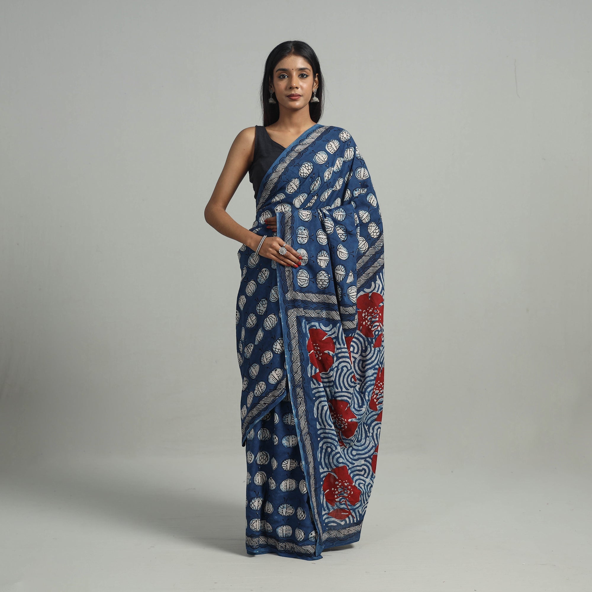 BINDAAS UNLIMITED Blue - Bindaas Natural Dyed Block Print Cotton Saree 01