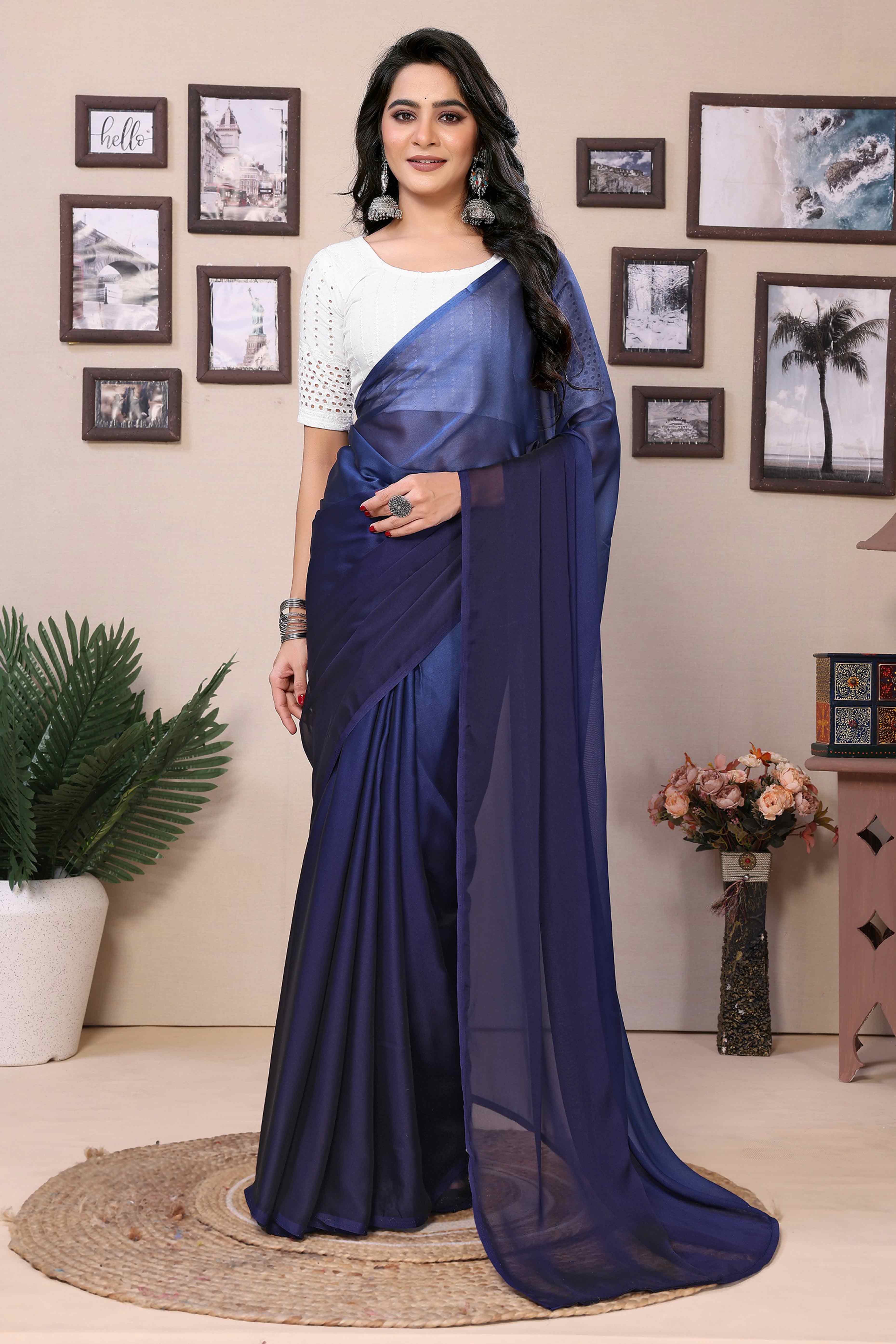 Peachmode Seller Blue Solid Satin Ready To Wear Ombre Saree