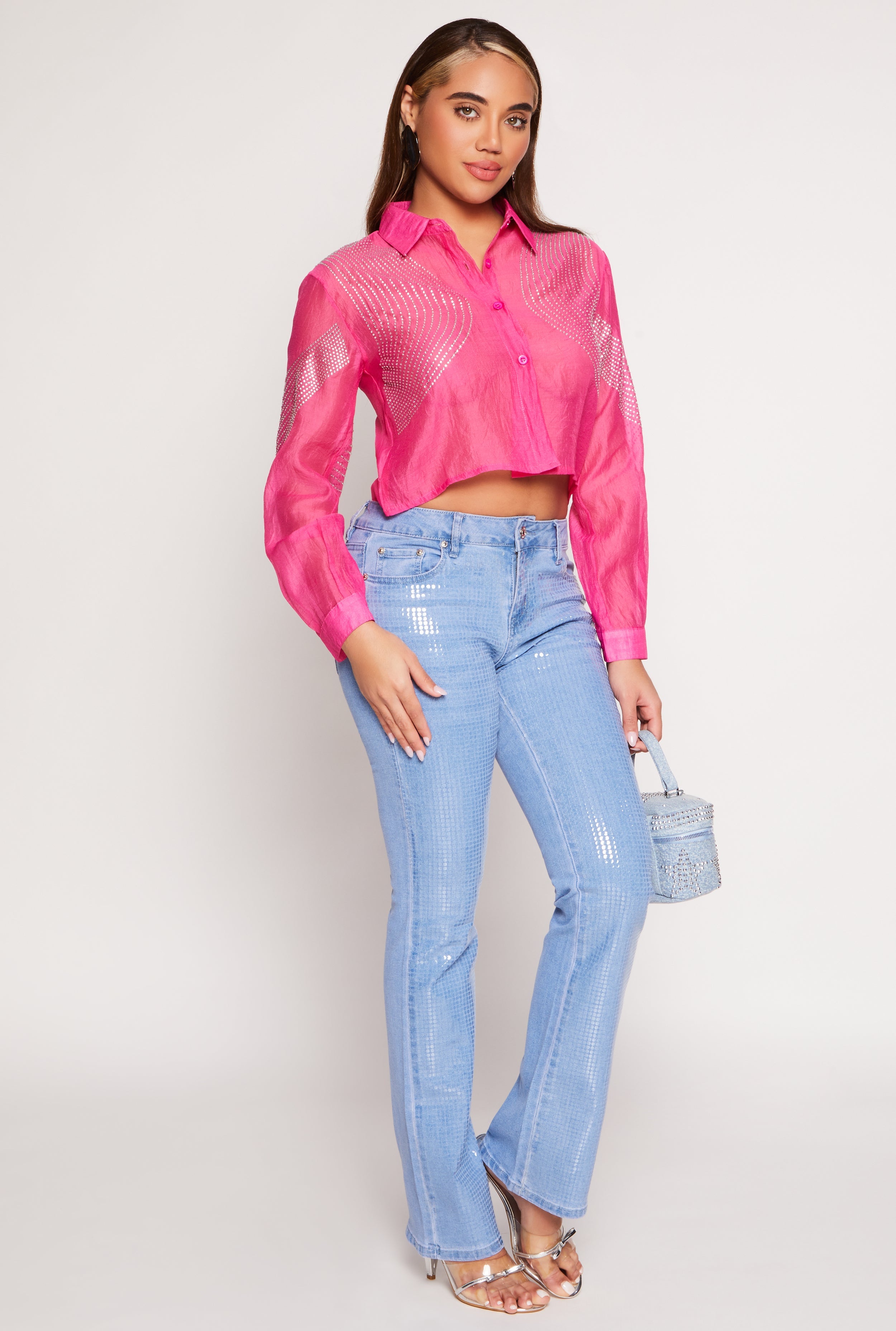 Rainbow Shops Organza Rhinestone Studded Crop Top - view 2