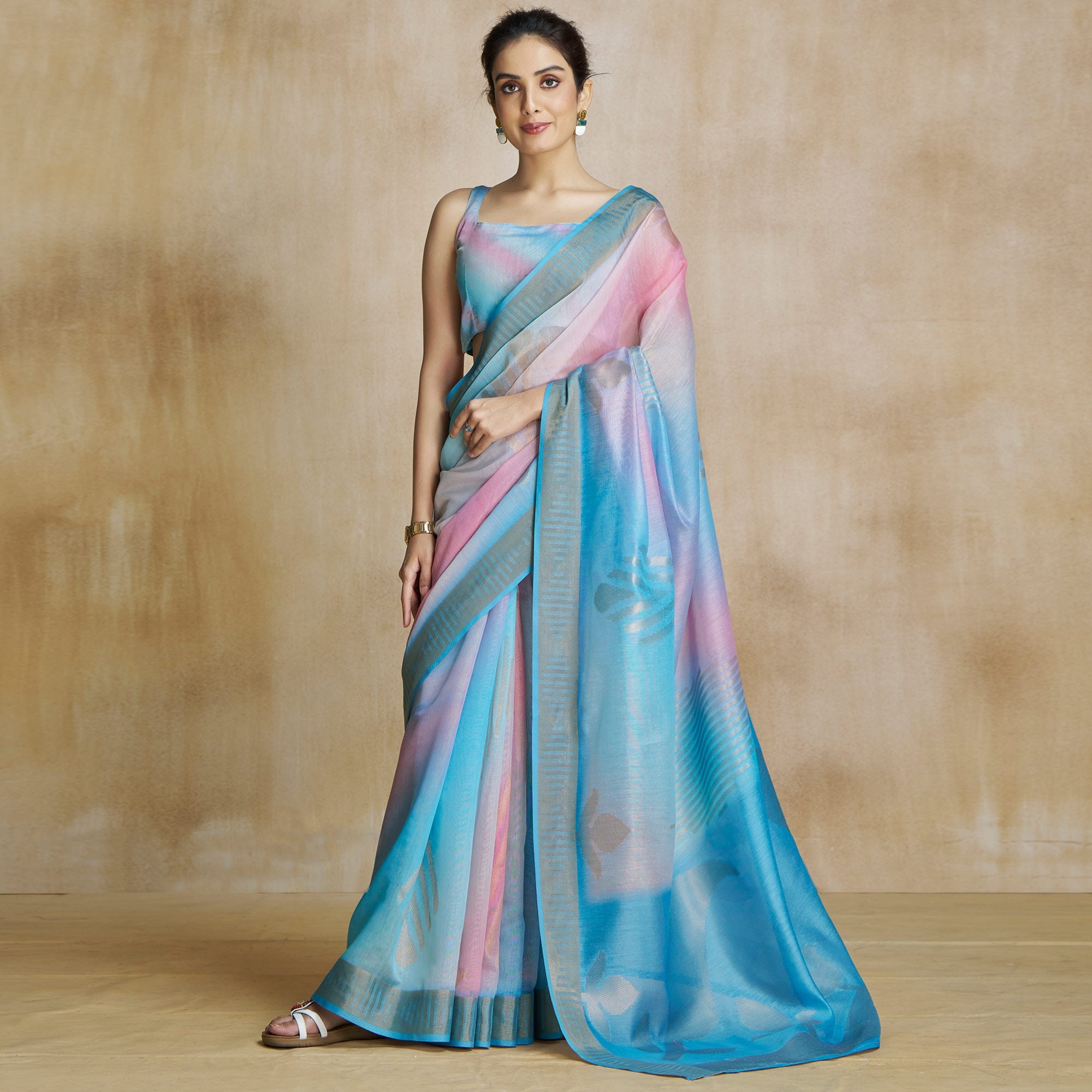 Peachmode Blue Digital Printed With Woven Pure Silk Ombre Saree - view 2