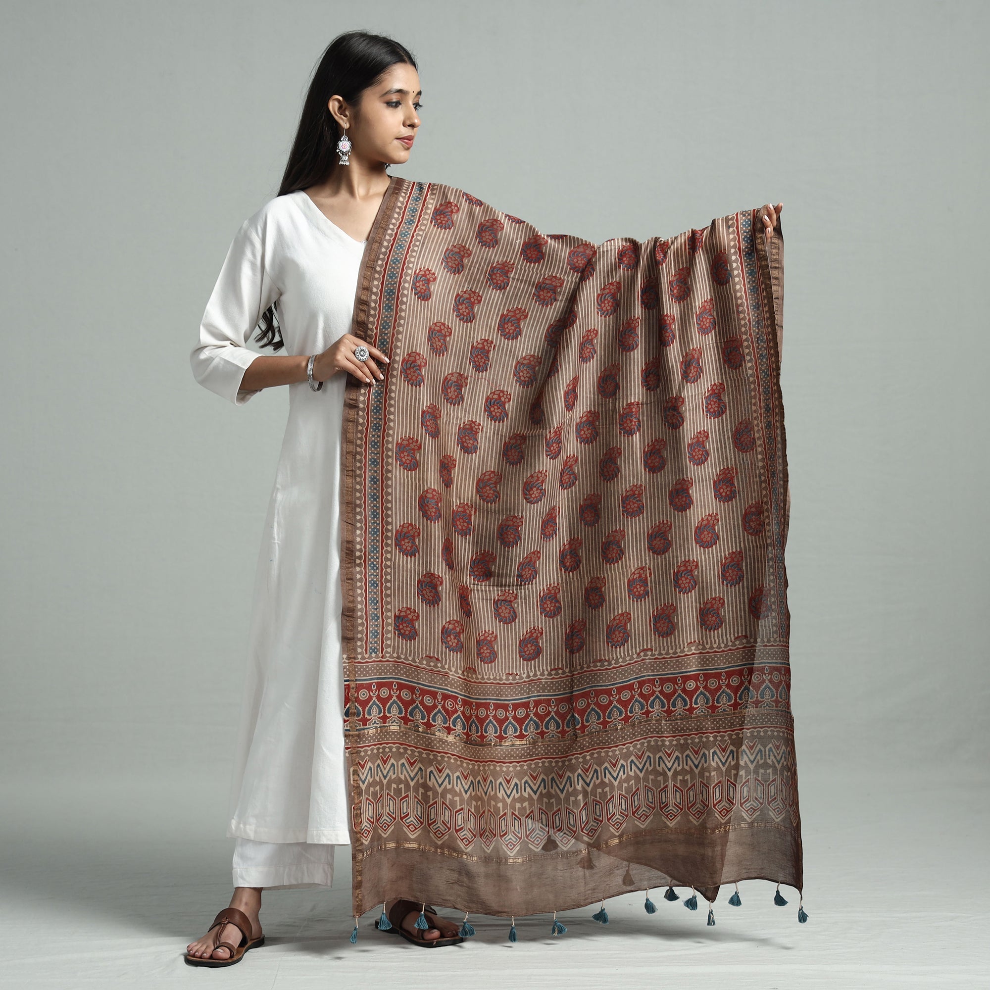 RIYAZ ABDULMAJID KHATRI - AJRAKH Brown - Hand Block Print Chanderi Silk Ajrakh Dupatta
