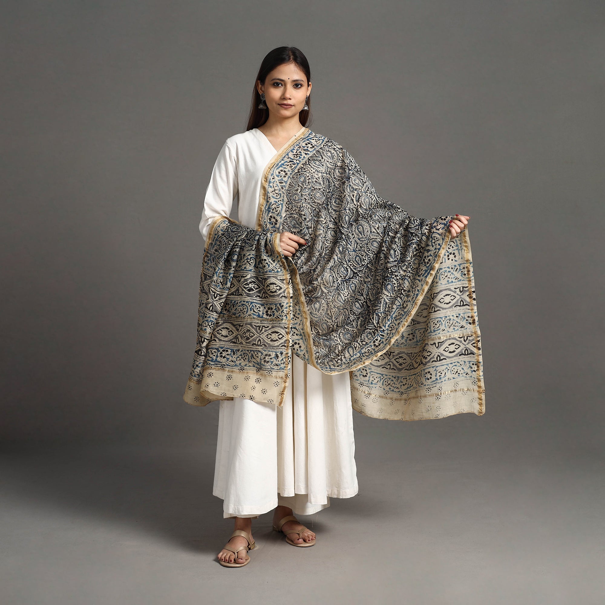 SOUTH KARGHA Black - Pedana Block Print Chanderi Silk Kalamkari Dupatta 03