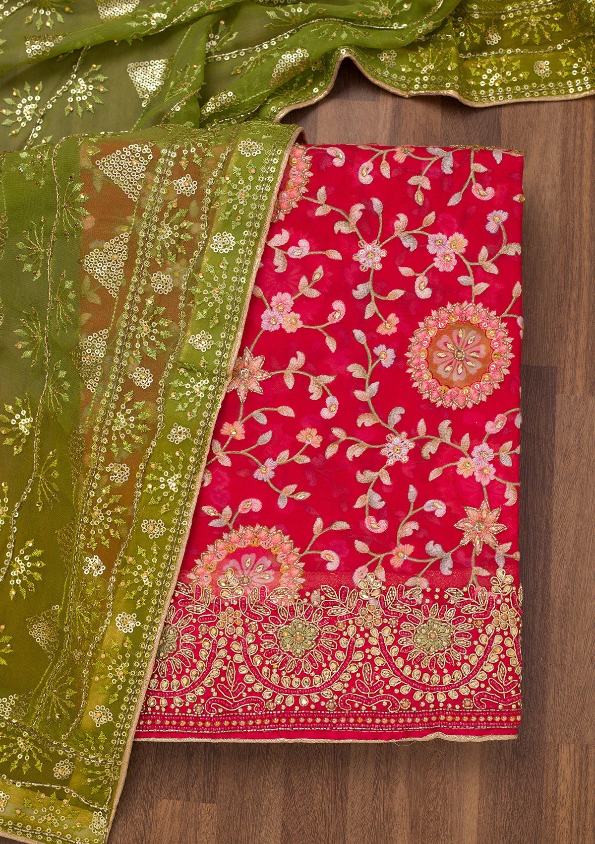 Koskii Red Threadwork Semi Crepe Unstitched Salwar Suit - view 5