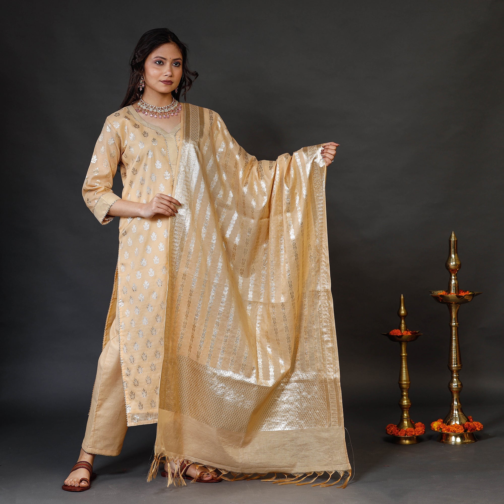 Palazzo dupatta set – ITOKRI CASUALS Beige - Banarasi Silk Cotton Kurta with Palazzo & Dupatta Set