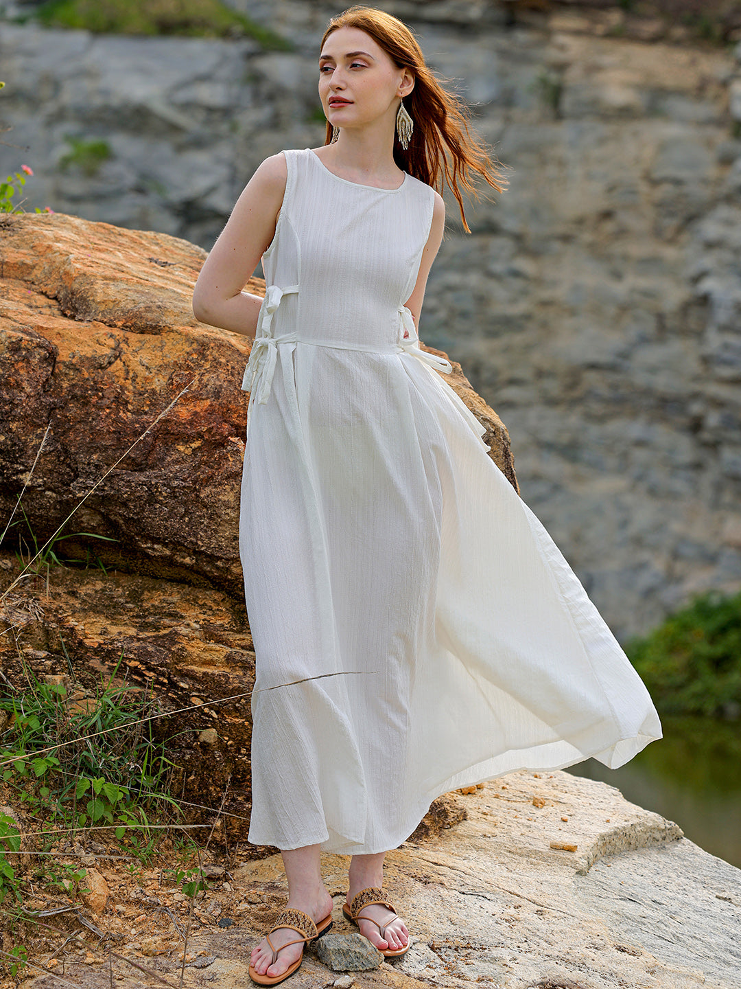 Freehand by The Indian Garage Co Women's White Flare Textured Round Neck Midi Dress