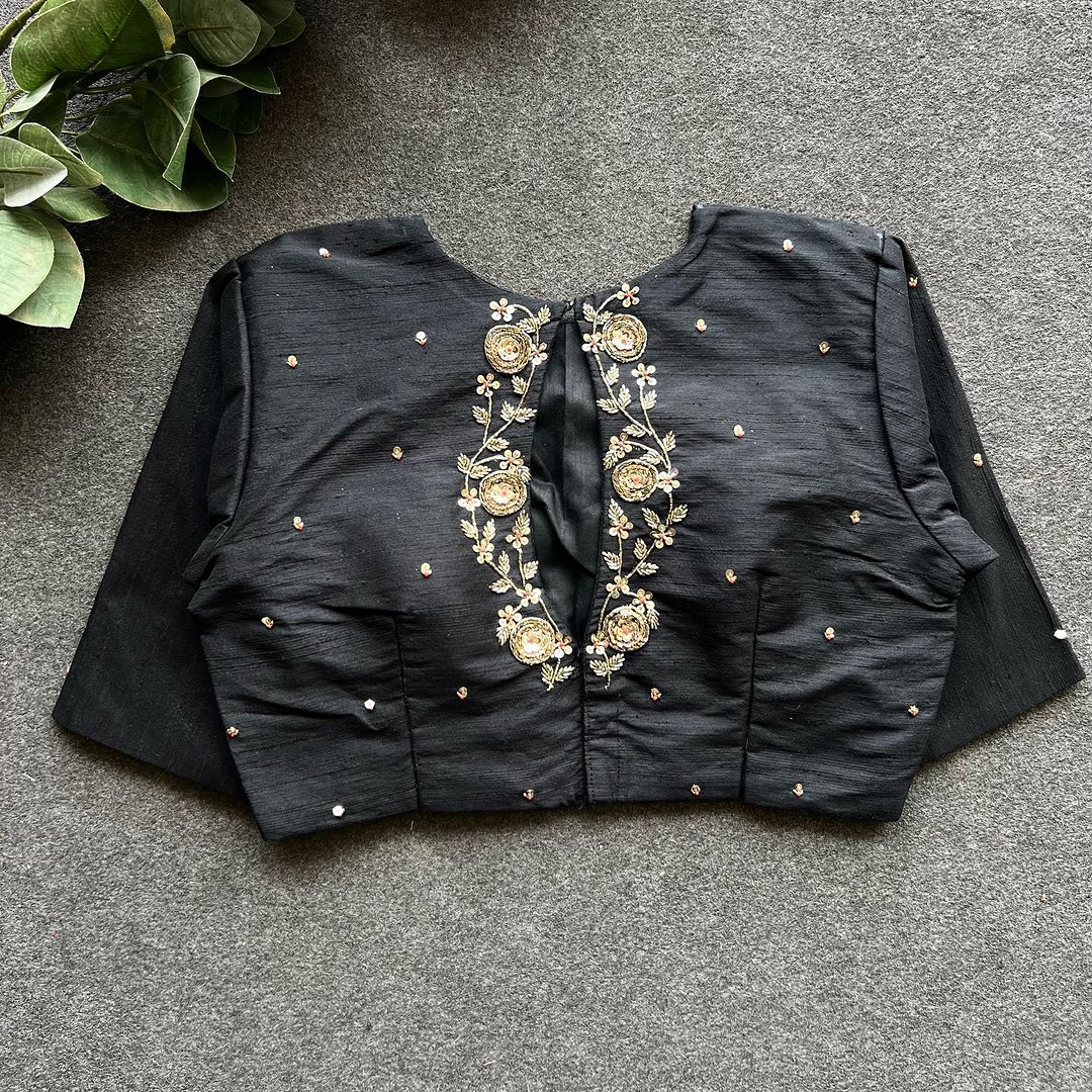 ClothsVilla Black Golden Elegance: Handcrafted Elzara Silk Blouse