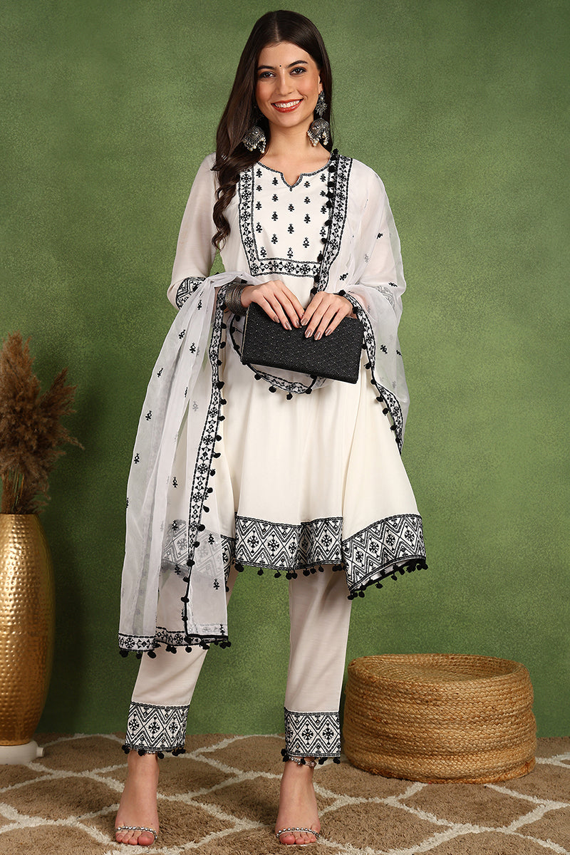 Ahika White Silk Blend Embroidered Thread Work A-Line Trouser Suit Set PKSKD2508WHT - view 3