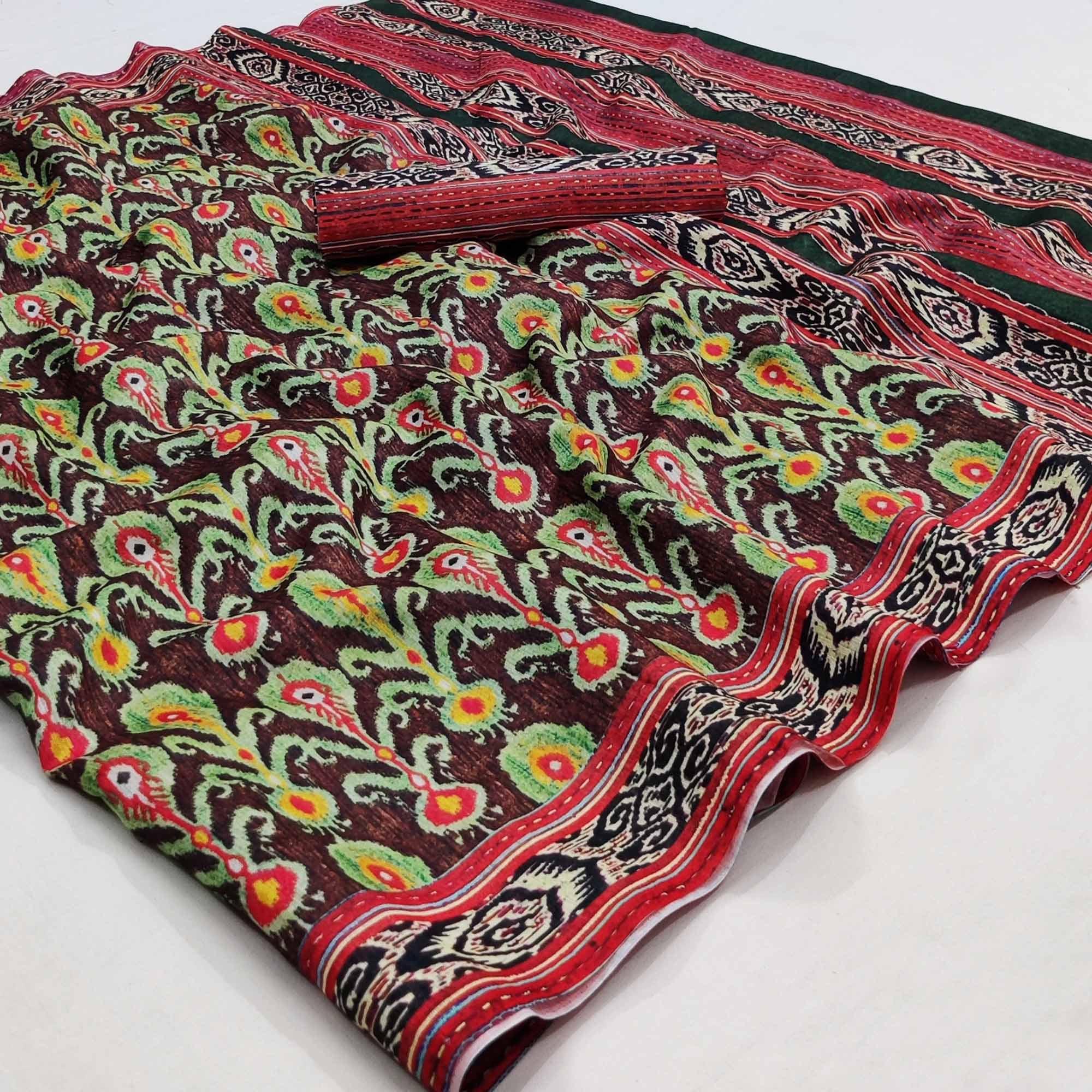 Peachmode Brown Printed Pure Cotton Saree – Women's