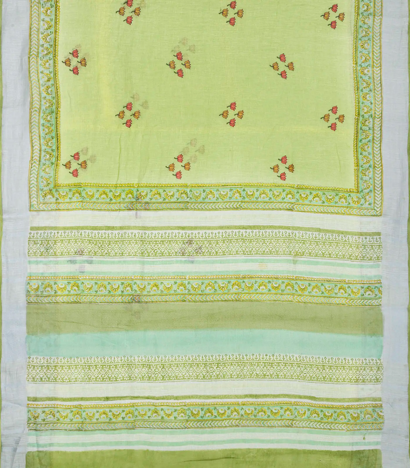 RmKV Neon Green Handloom Linen Saree With Printed Lotus Motifs-Neon Green - view 2