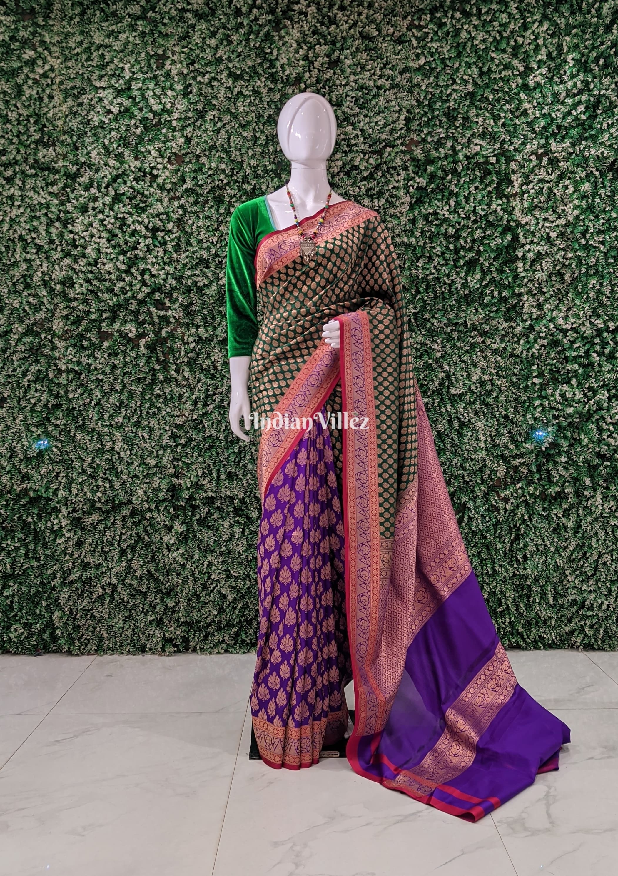 IndianVillèz Blue Green Banarasi Handloom Silk Saree