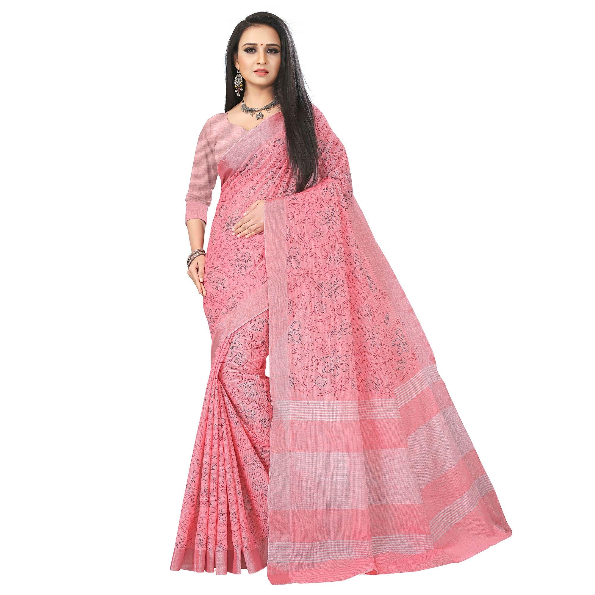 Peachmode Ideal Rose Pink Colored Party Wear Block Print Linen Saree