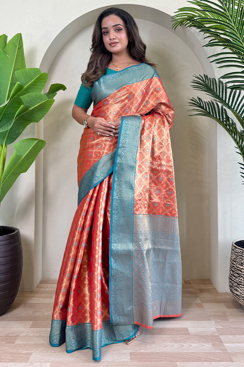 Tasrika Nectarous Peach Soft Banarasi Tissue Silk Saree With Classic Blouse Piece