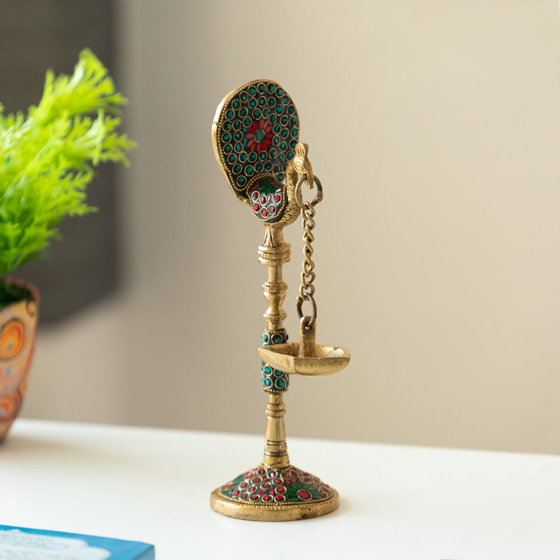 EXCLUSIVELANE 'Peacock' Decorative Table Hanging Brass Diya (5 Wicks, 0.6 Kg, Hand-Etched)