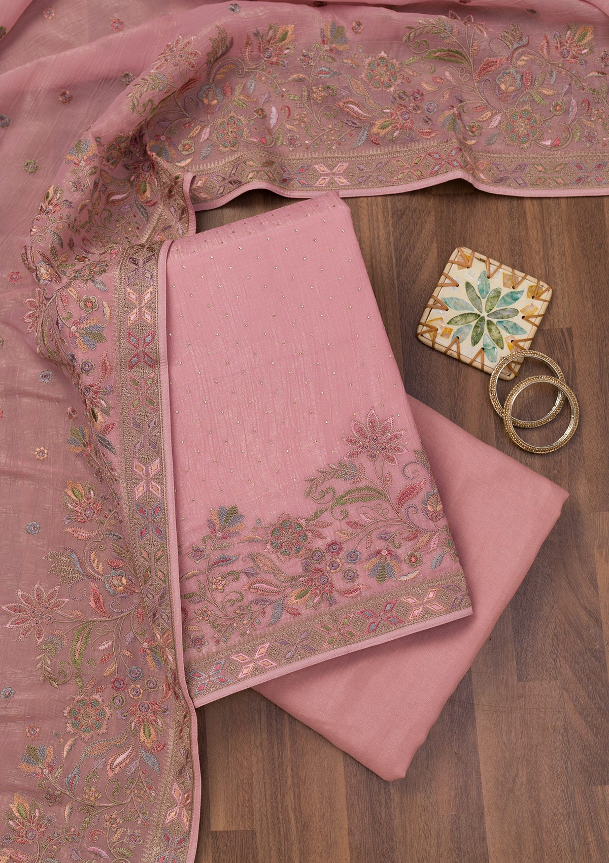 Koskii Pink Threadwork Semi Crepe Unstitched Salwar Suit