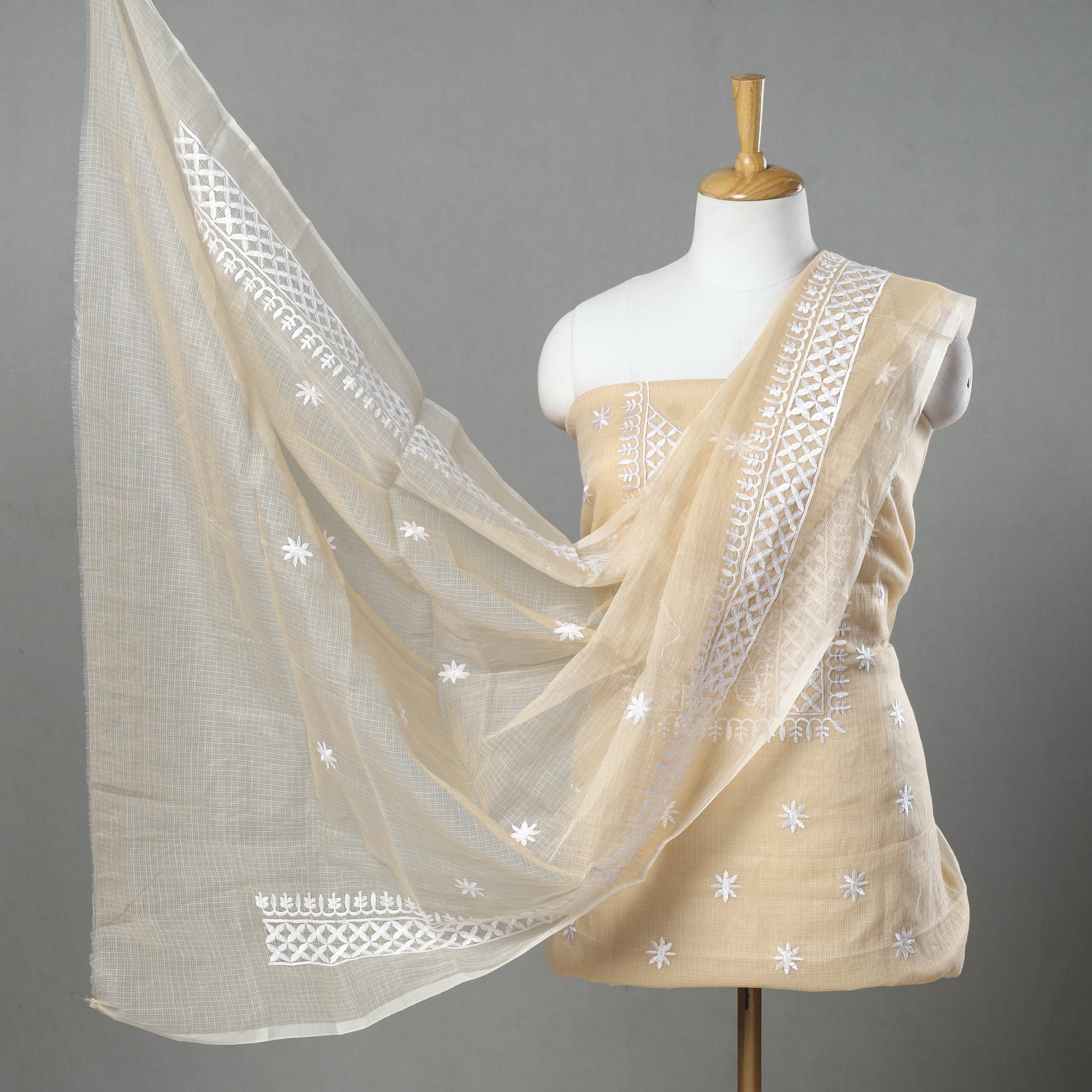 ITOKRI CRAFTS INITIATIVE Beige - 3pc Cotton Embroidered Kota Doria Dress Material 15