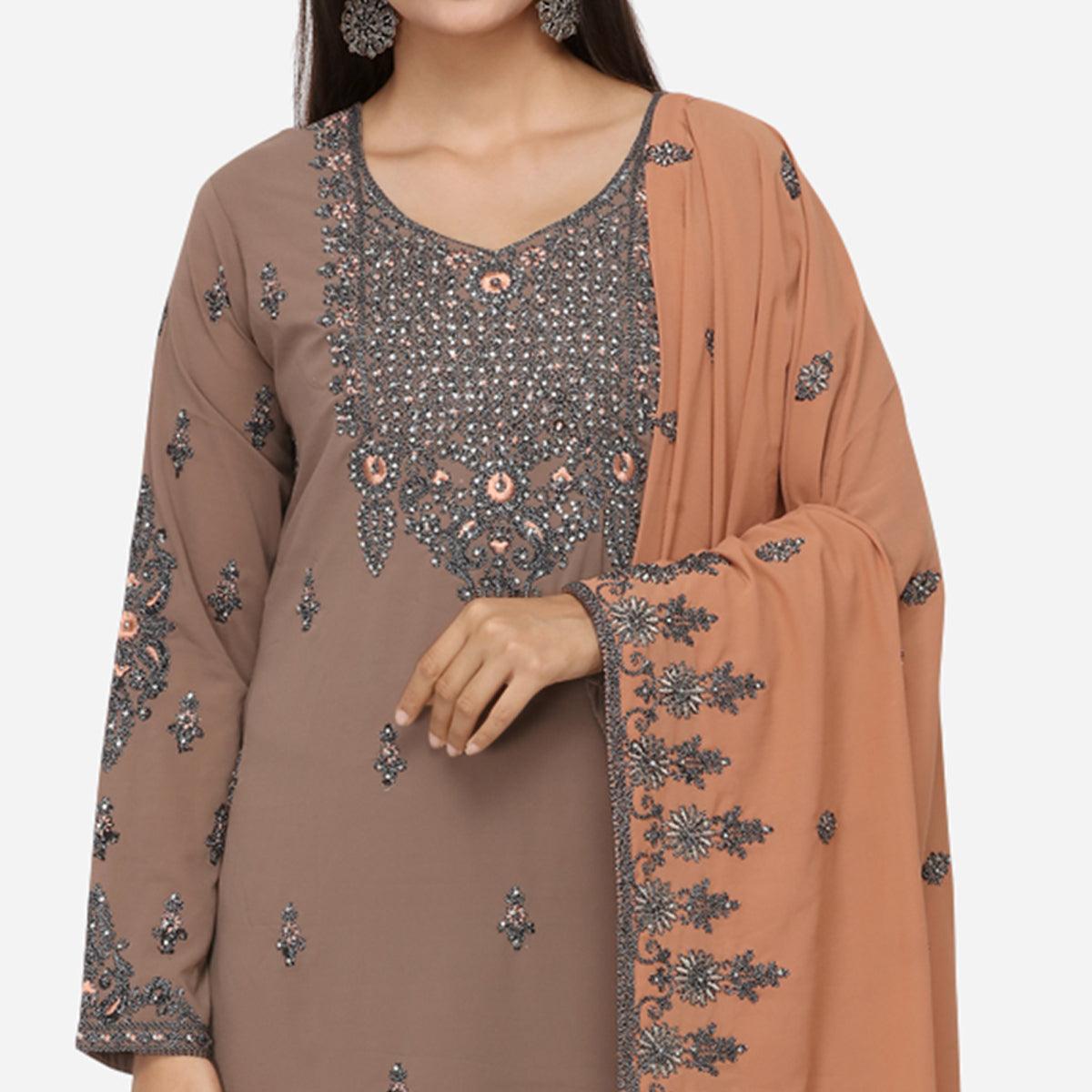 Peachmode Seller Gleaming Brown Colored Partywear Heavy Embroidered Georgette Sharara Style Suit - view 2