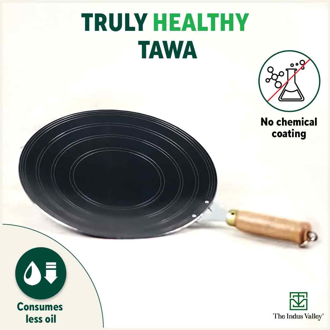 The Indus Valley 100% Pure Sheet Iron Tawa, Concave, Toxin-free, Seasoned, Wooden Handle, 25.5cm, 0.9kg - view 4