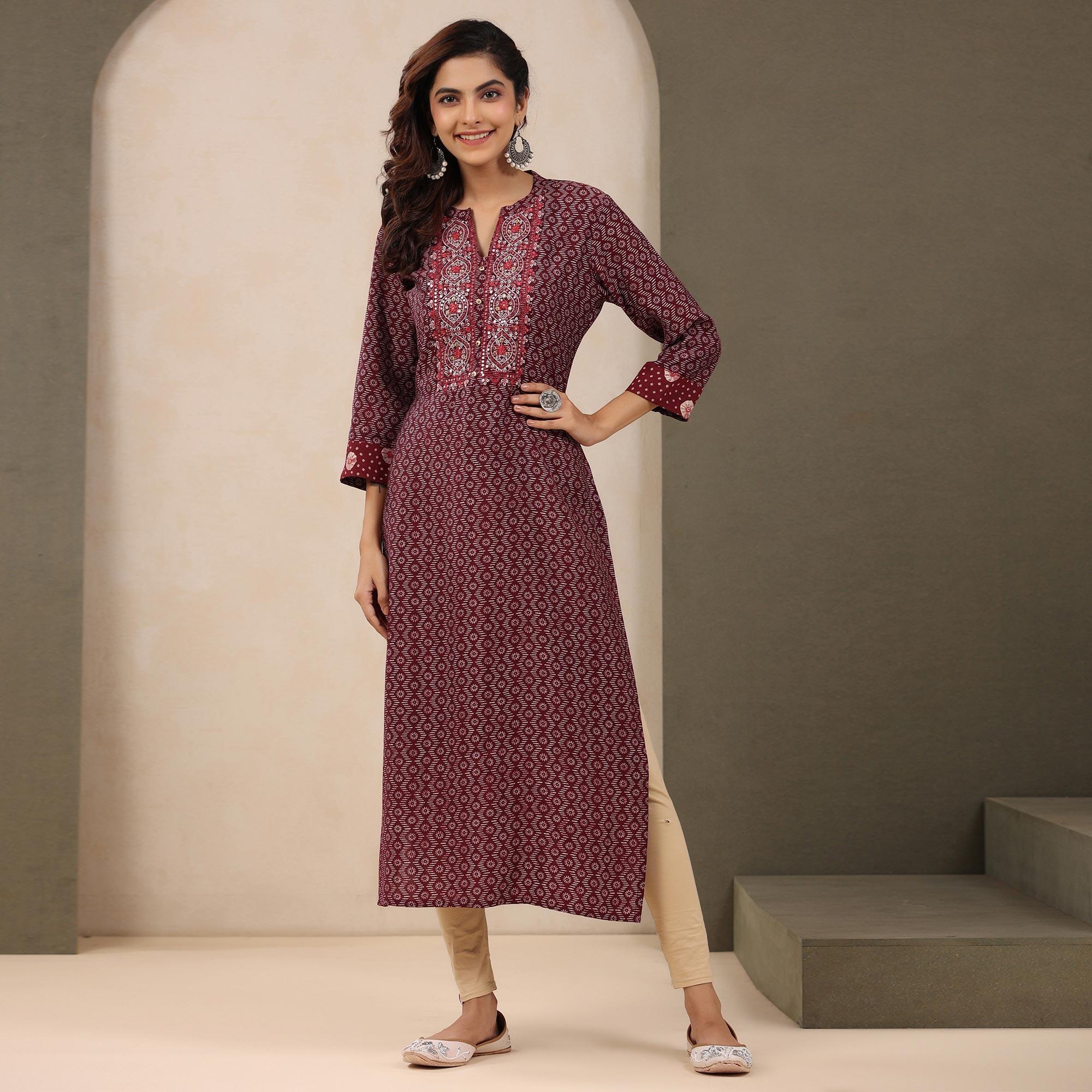 Peachmode Maroon Printed With Embroidered Chanderi Kurti - view 2