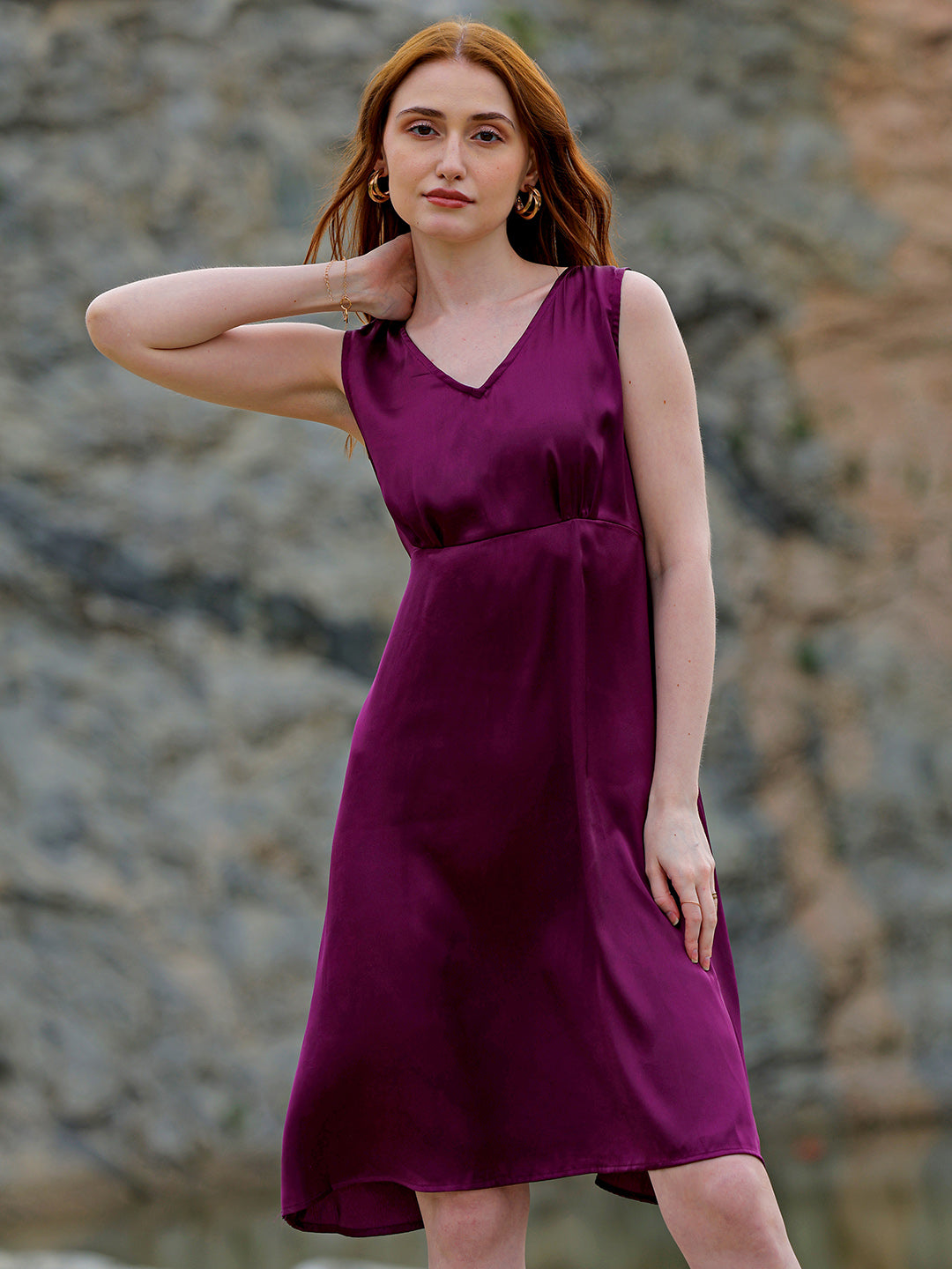 Freehand by The Indian Garage Co Women's Purple Fit and Flare Solid V neck Pinafore Dress