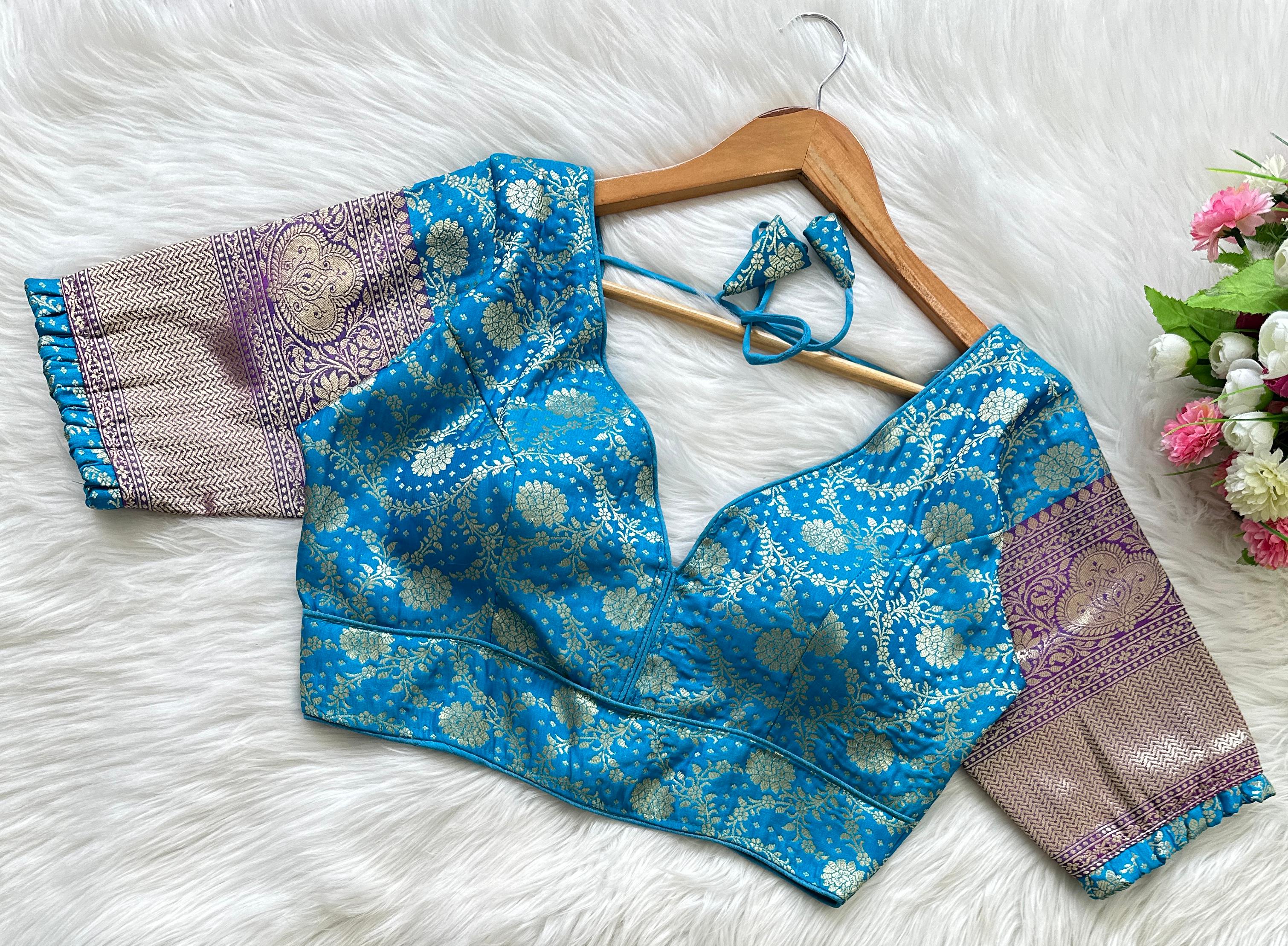 ClothsVilla Sky Blue Pure Banarasi Blouse with Stunning Weaving – Perfect Fit for Any Occasion