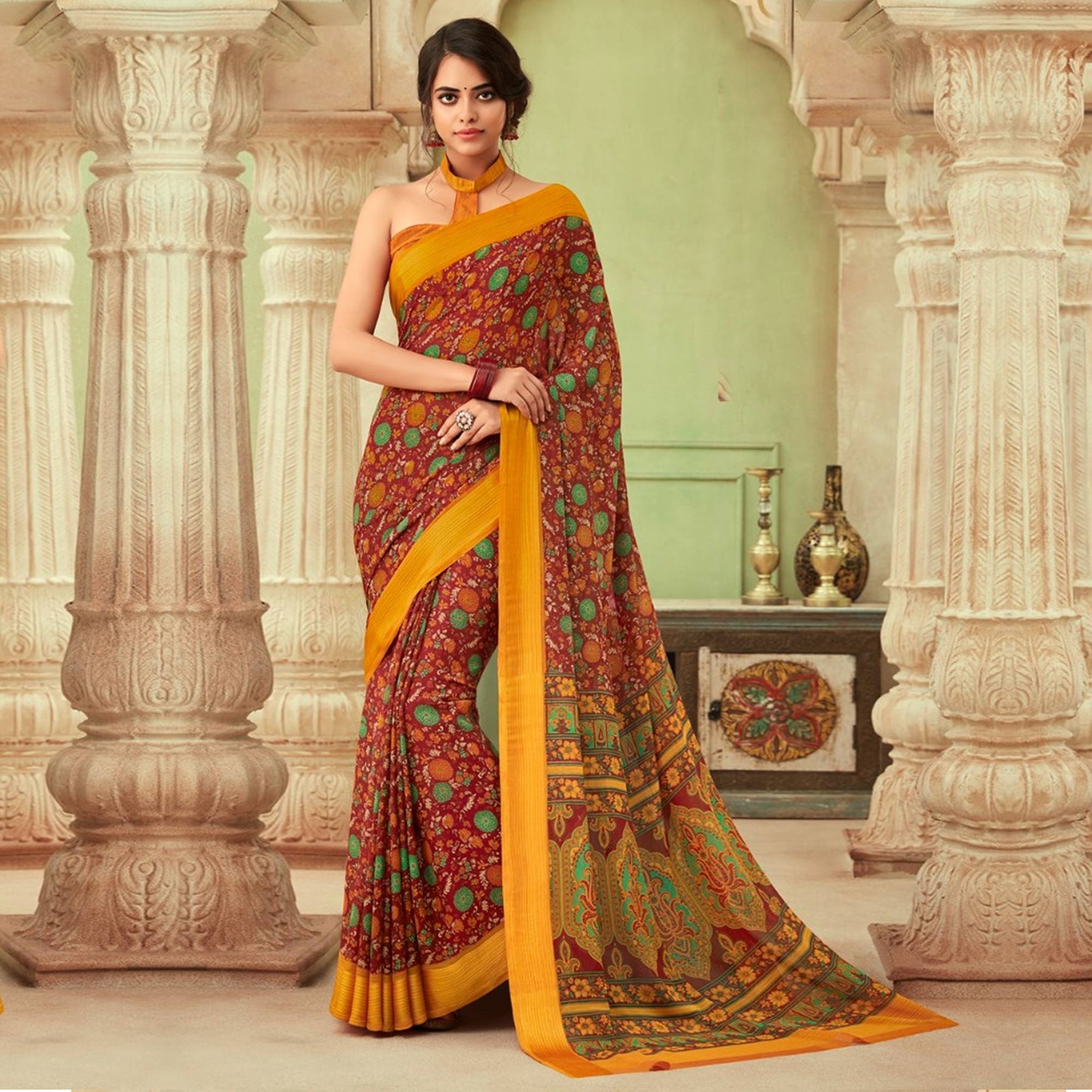 Peachmode Maroon Floral Printed Chiffon Saree