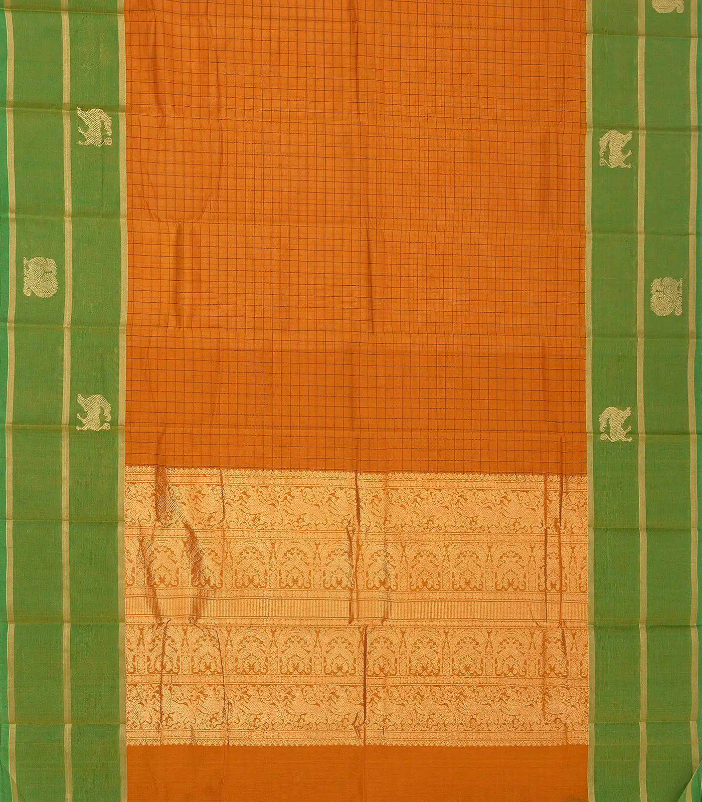 RmKV Mustard Handloom Kanchi Cotton Saree With Checks & Green Border - view 2